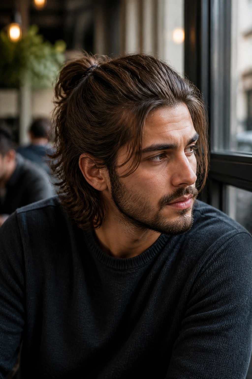 Close-up of a man with a half-up hairstyle secured with a small elastic