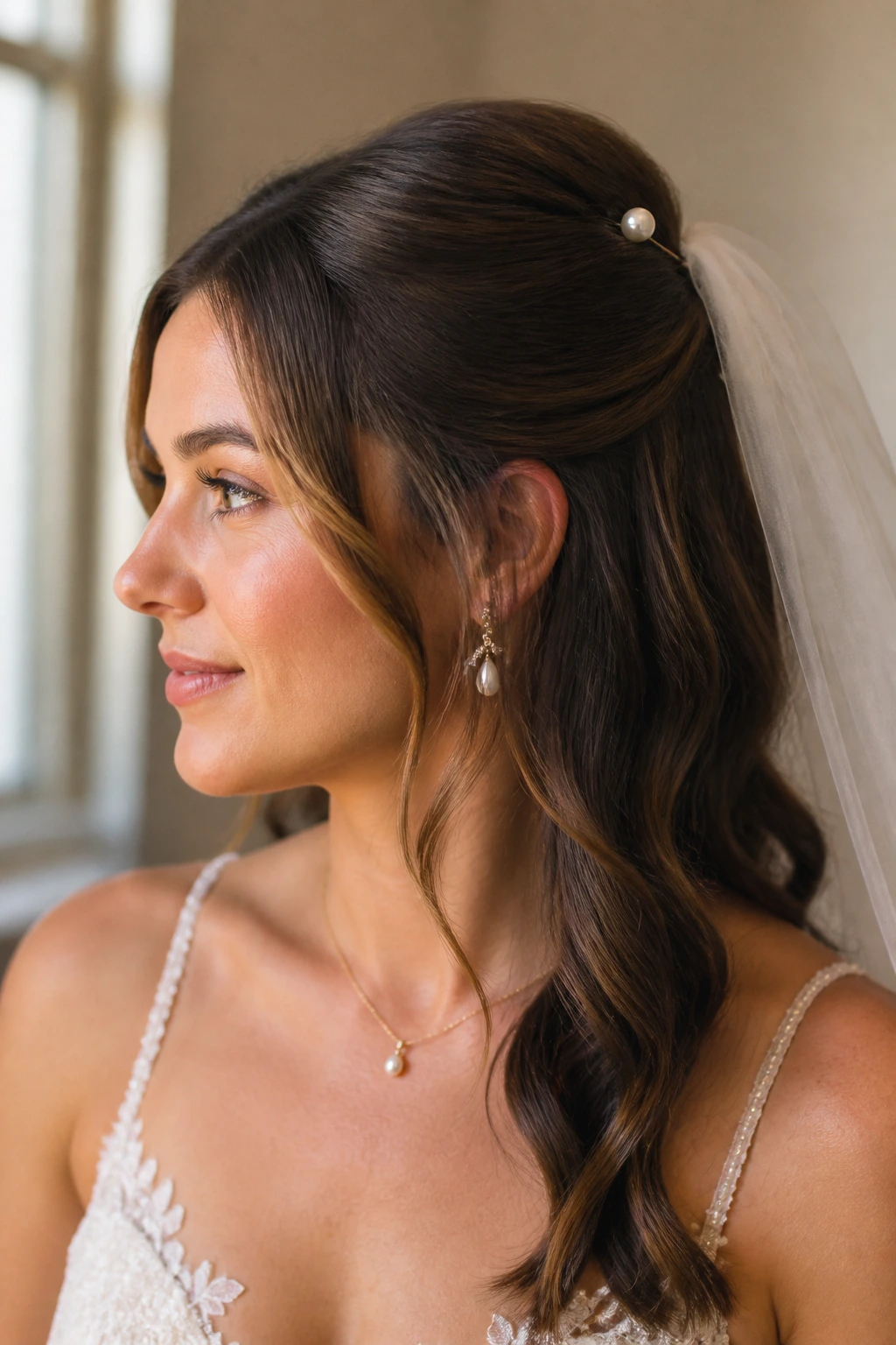 Close-up of a woman with a formal half-up hairstyle featuring a pearl pin and veil.