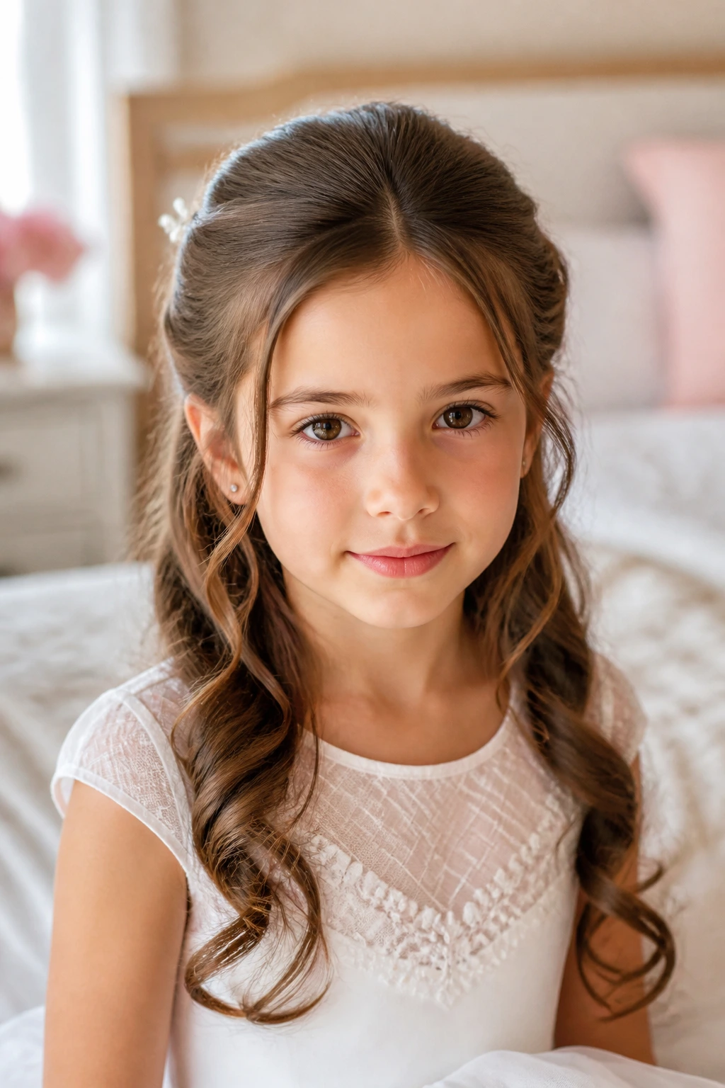 Close-up portrait of a real child wearing a calm half-up hairstyle suitable for First Communion