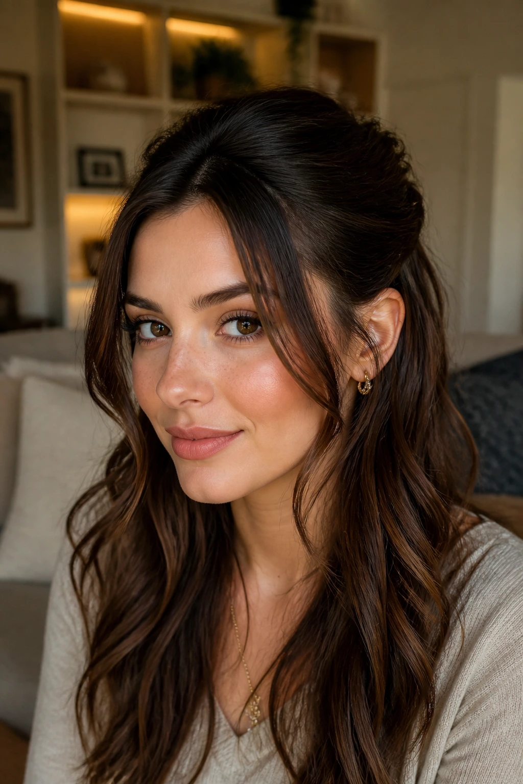 Close-up of a real woman with a half-up hairstyle and soft strands around the face