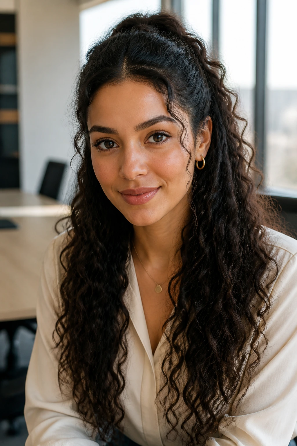 Portrait of woman with a neat half-up hairstyle for work