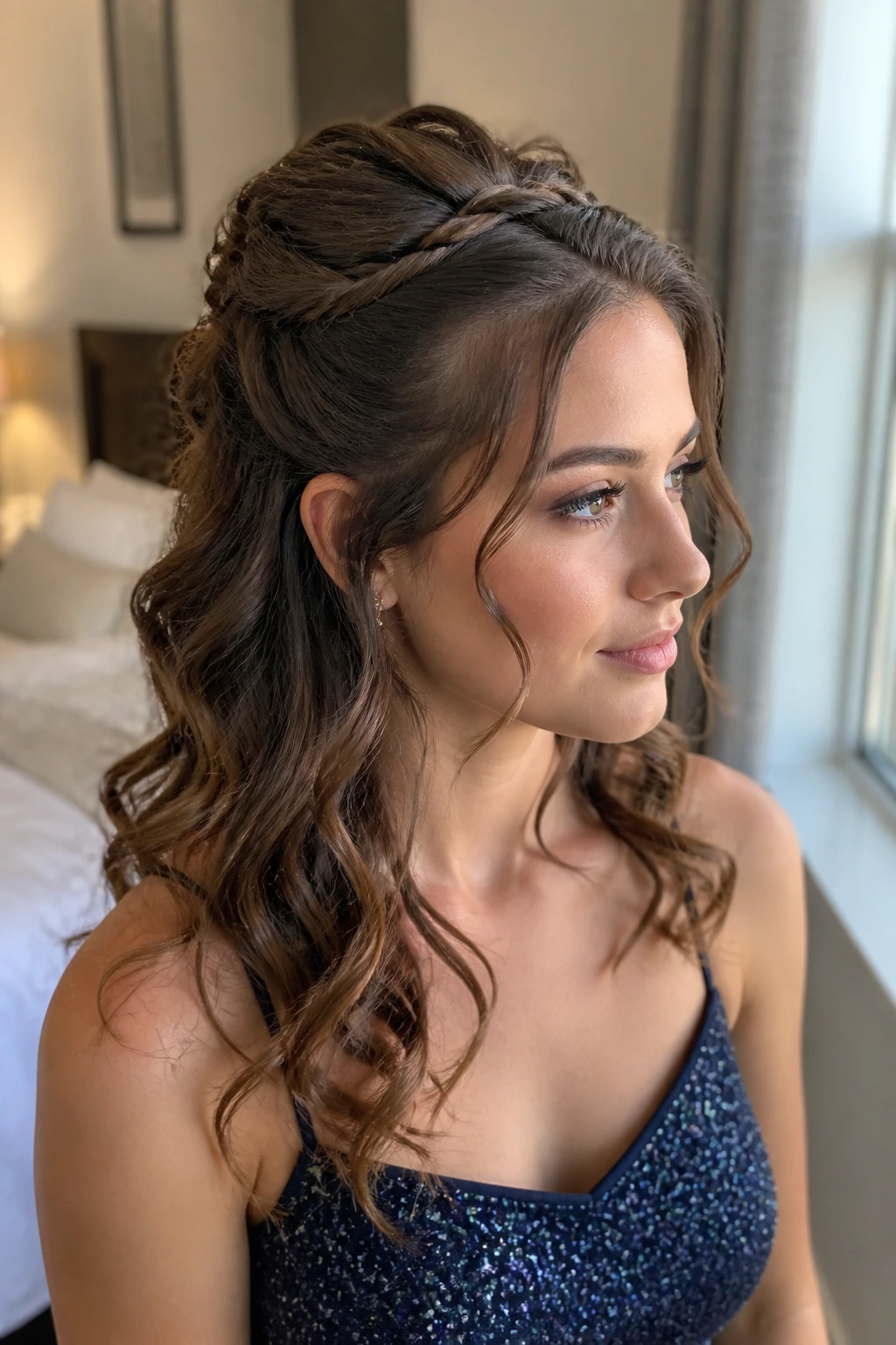 Close-up of a real woman with a half-up half-down hairstyle showing crown variations in a softly lit bedroom