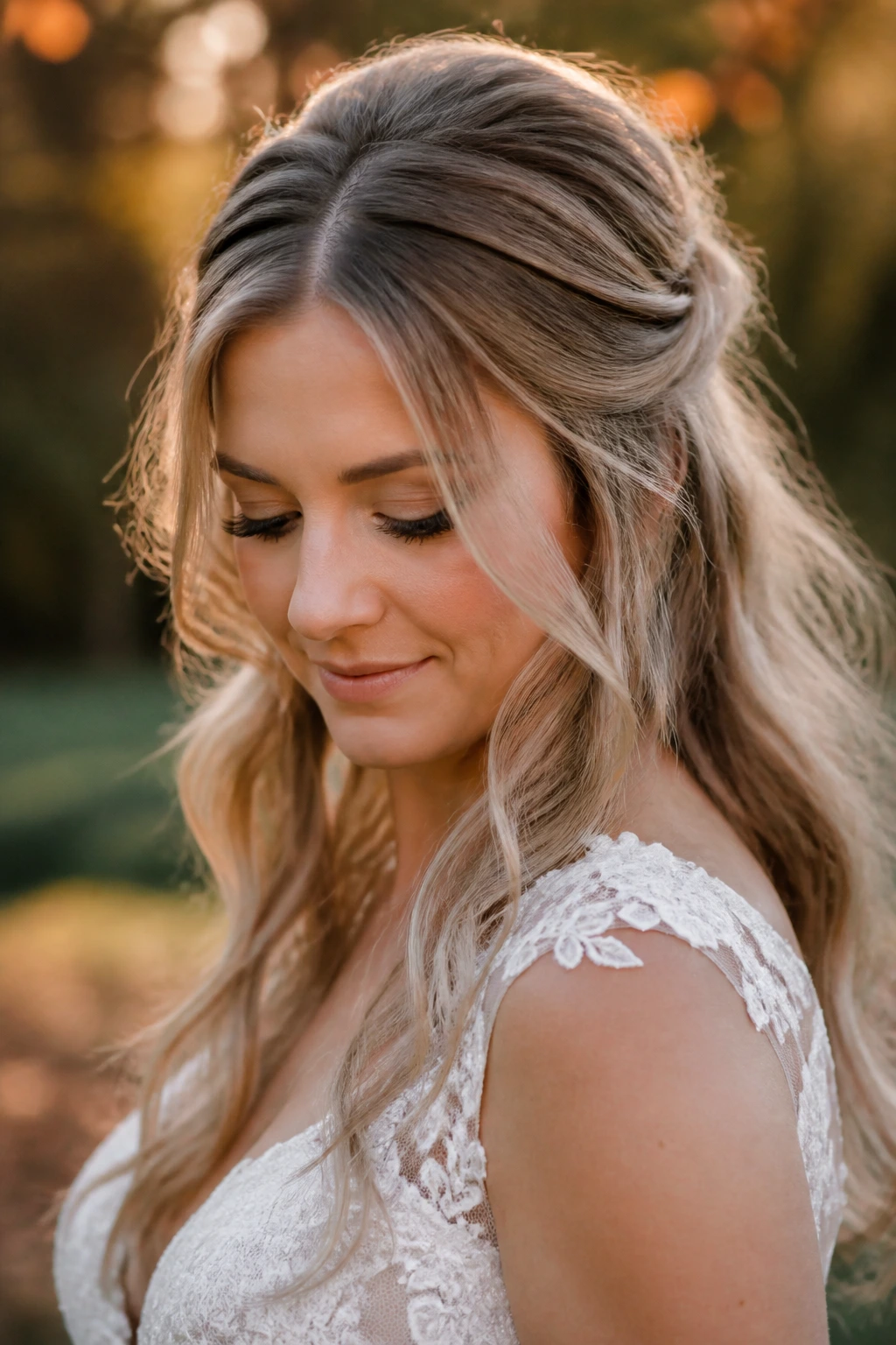 Bride with a relaxed half-up half-down hairstyle in autumn light