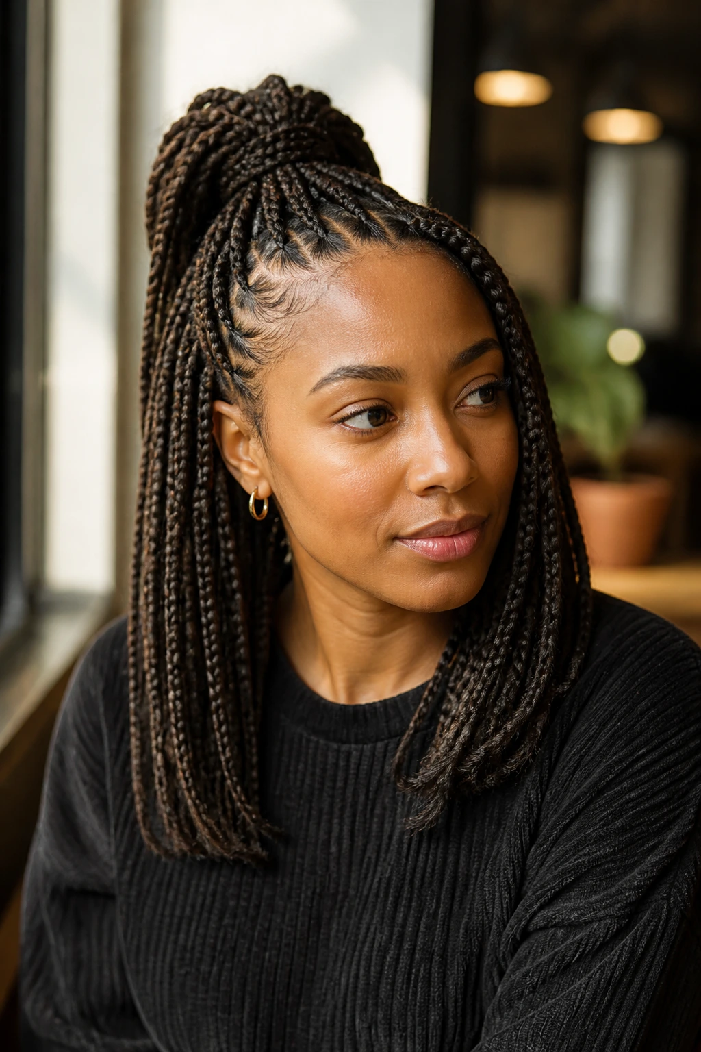 Medium close-up of half-up half-down box braids on a real woman in a cafe setting.