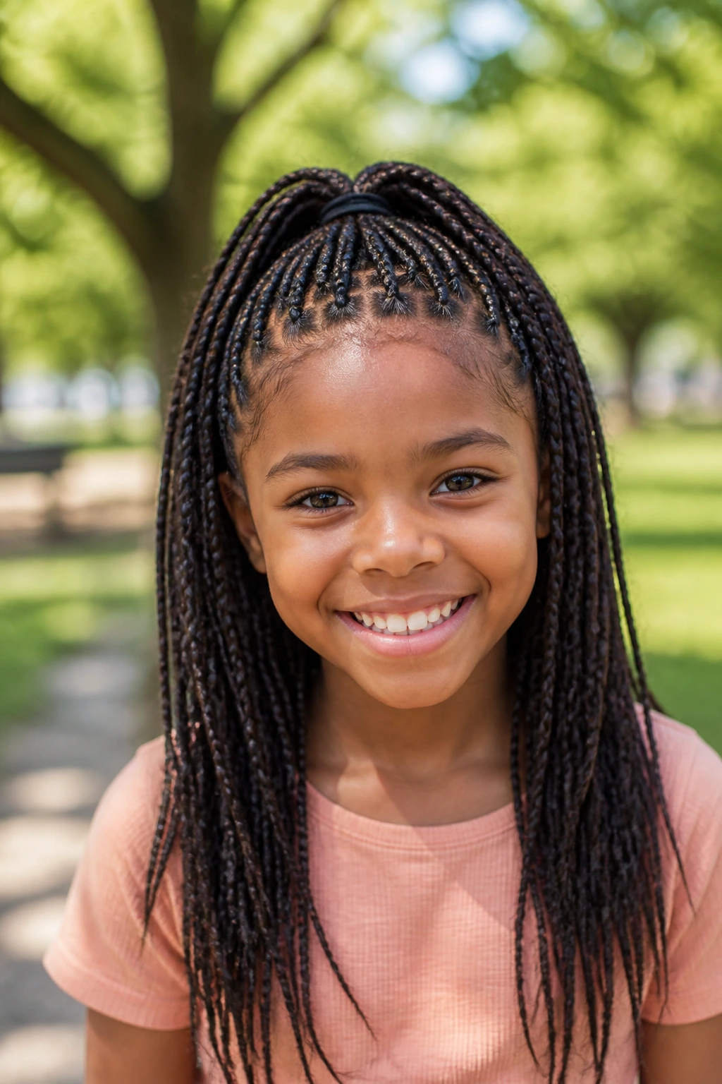 Child wearing half-up, half-down box braids in a park.