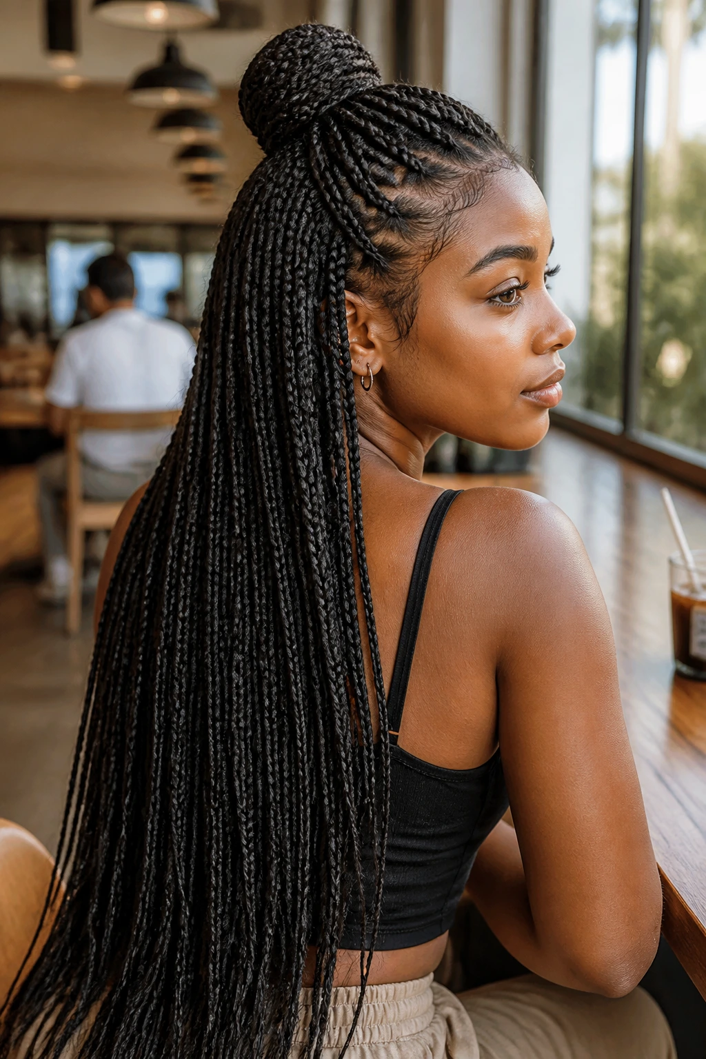 Portrait of a real woman with half-up half-down box braids, top section in a small bun.