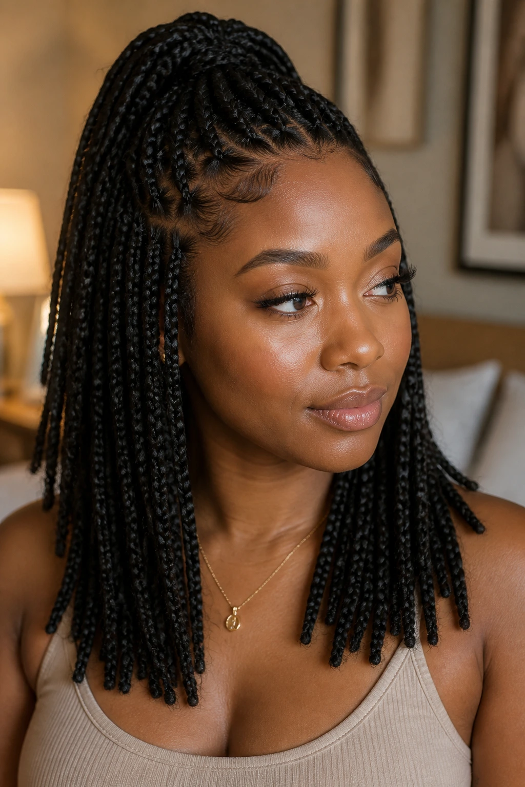 Close-up of a real woman wearing half-up half-down box braids with top section tied back.