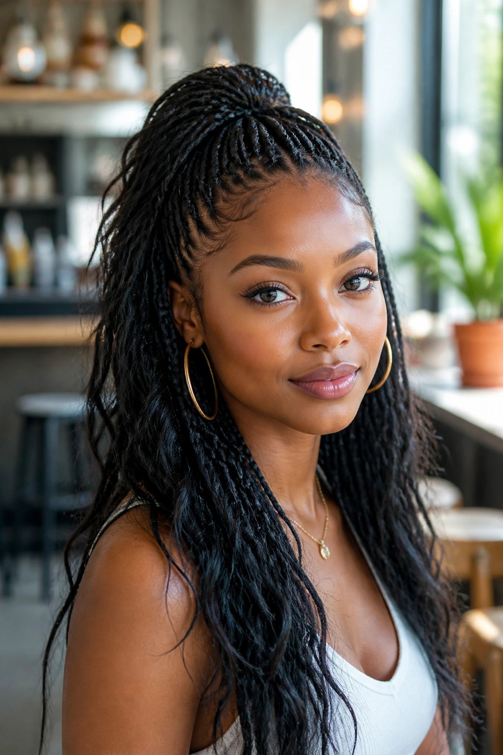 Woman with half-up half-down braids in a cafe setting