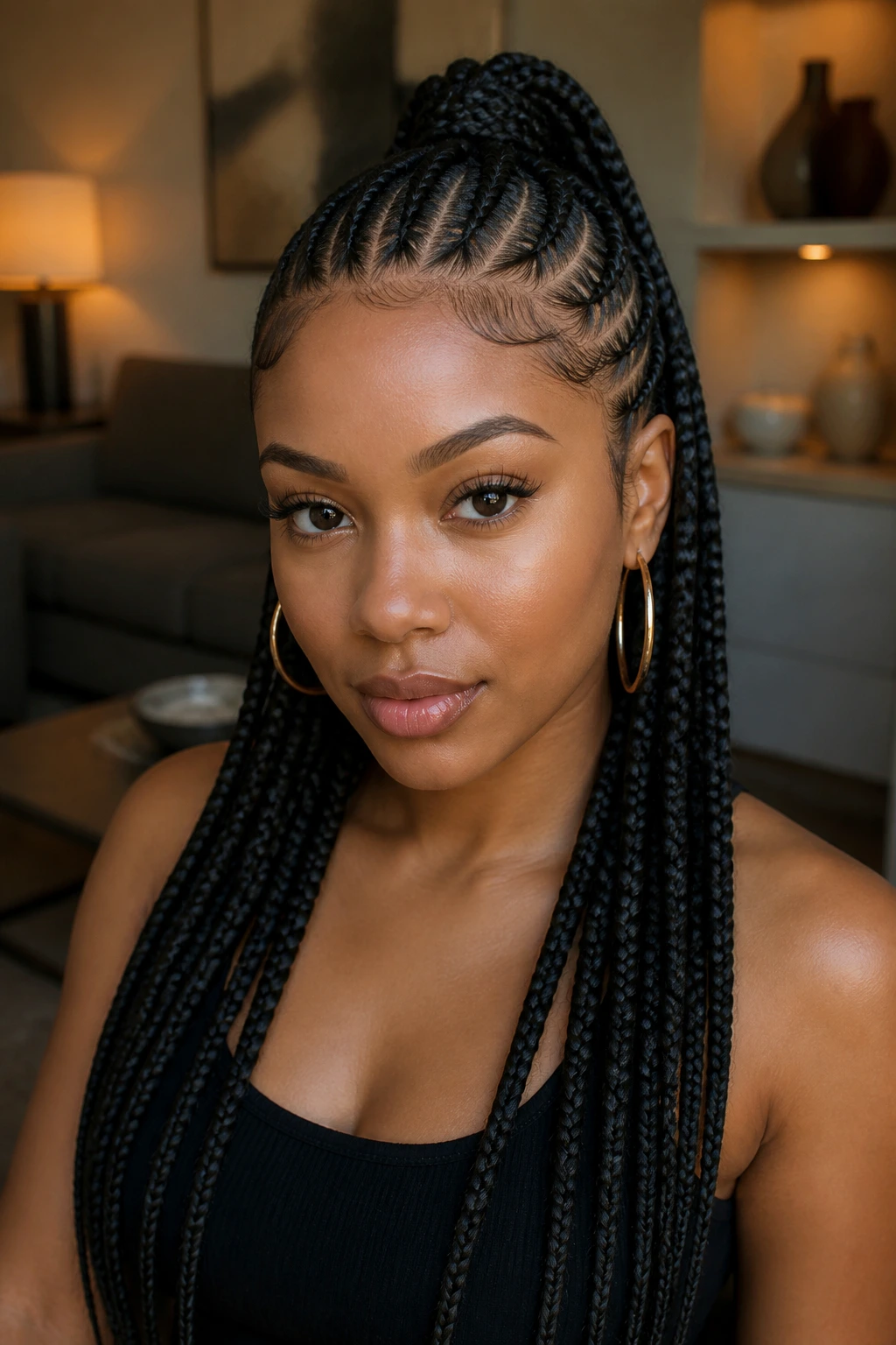 Head-and-shoulders portrait of a real person with half-up braided crown and loose lower braids