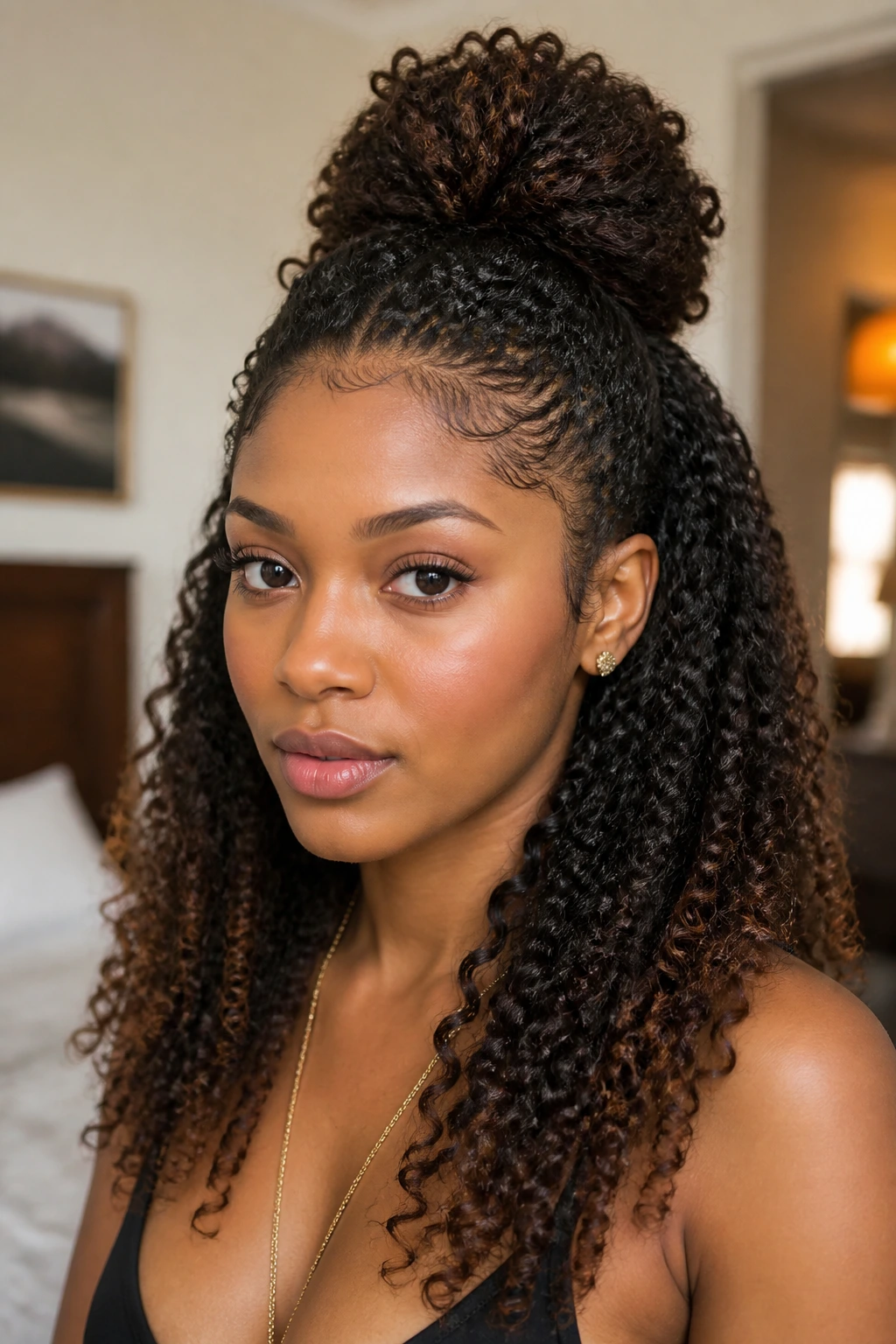 Close-up of a real person with half-up hairstyle and curly ends