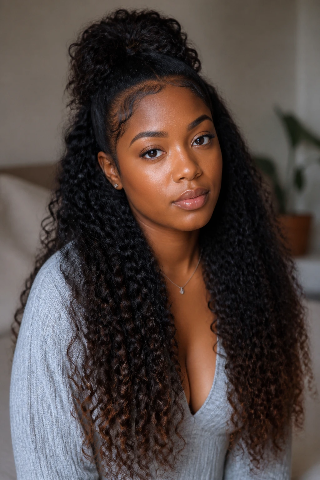 Real person with a half-up half-down hairstyle and curly ends.