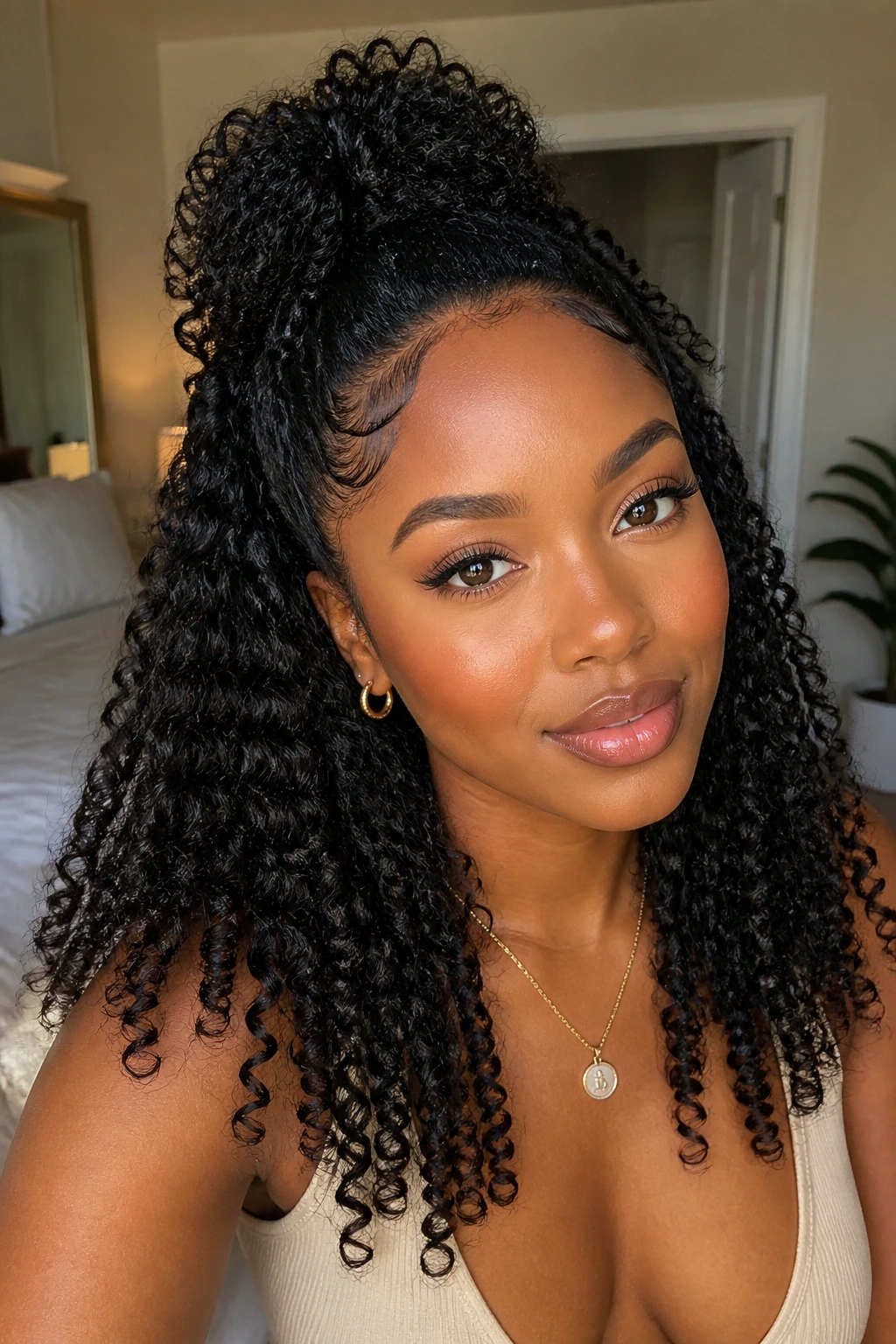 Close-up portrait of a real Black woman with a half-up half-down defined-ends hairstyle.