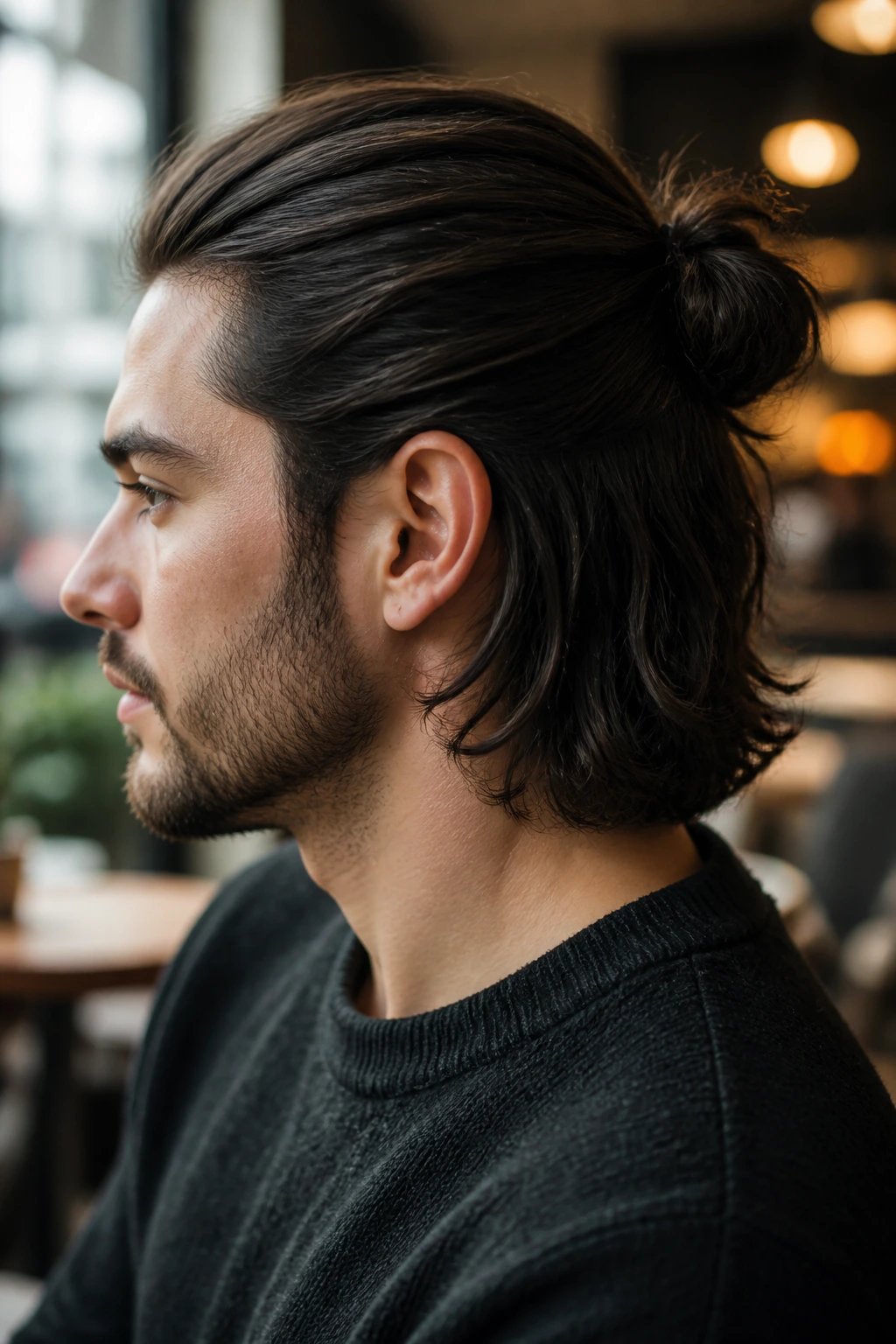 Man with half-up, half-down hairstyle showing a clean nape