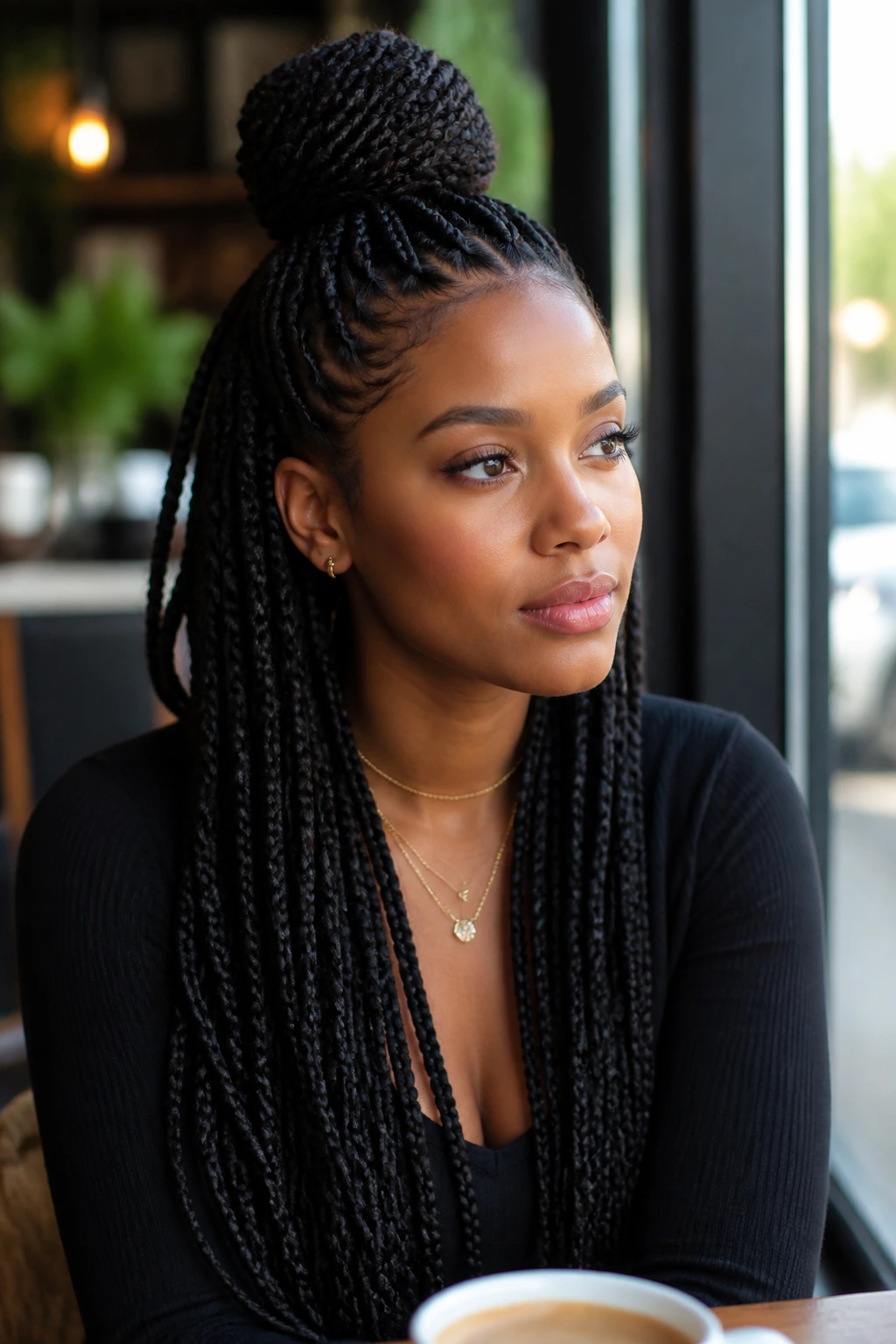 Close-up of a real person with half-up half-down knotless braids in a cafe setting