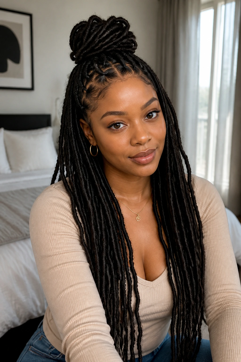 Real person wearing half-up half-down faux locs