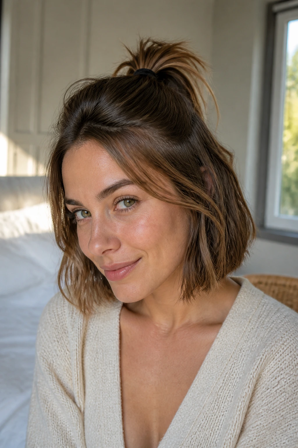 Close-up of a real woman with half-up half-down pony on a bob