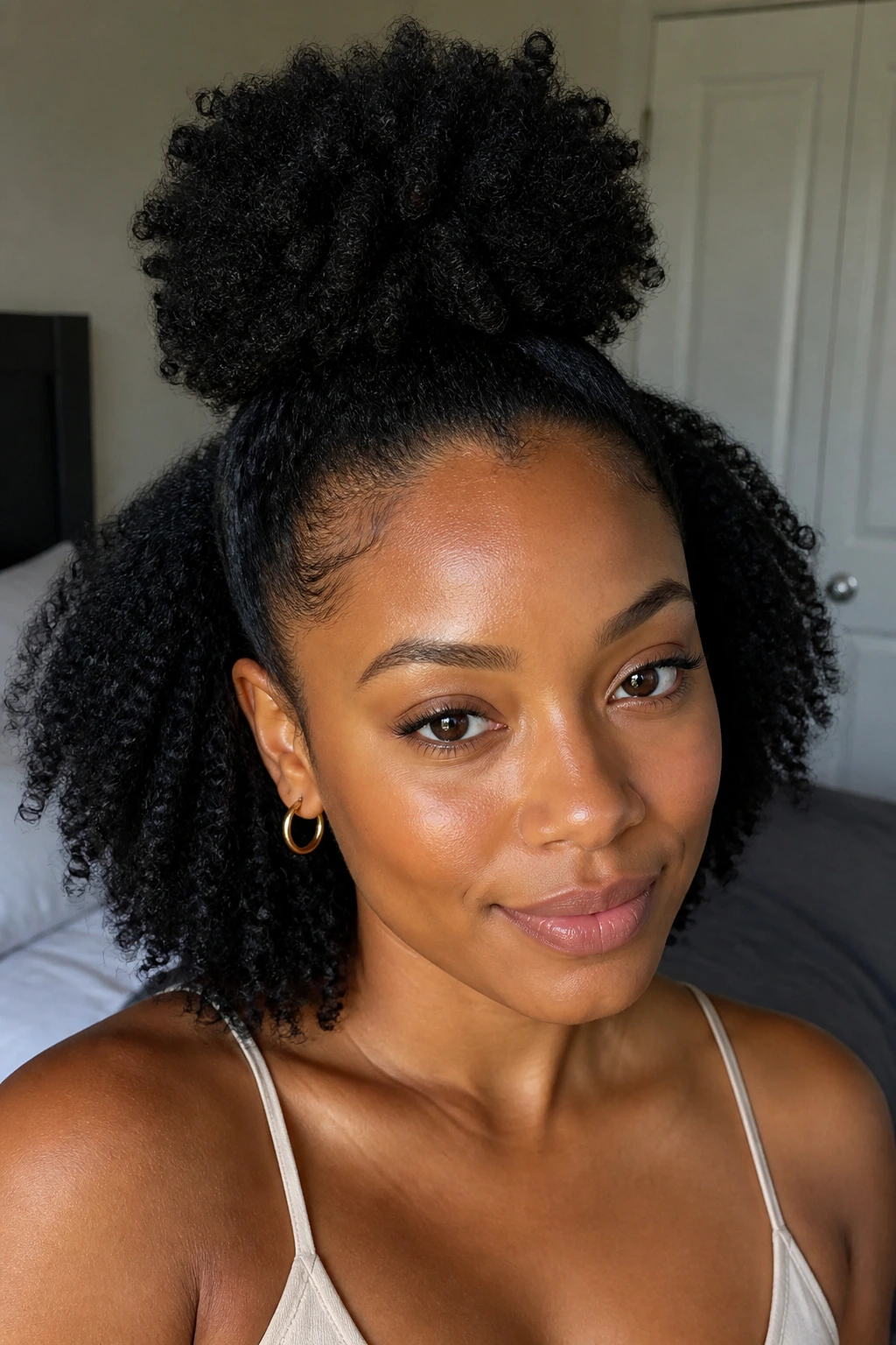Close-up of a real woman with half-up half-down puff on 4c hair in natural window light