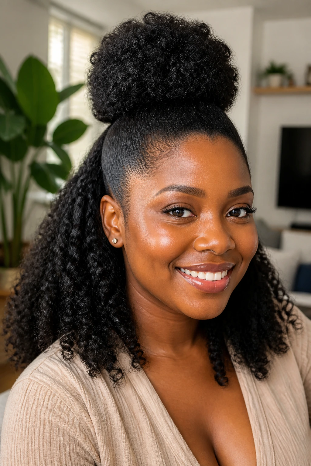 Portrait of a real Black woman with a half-up half-down puff