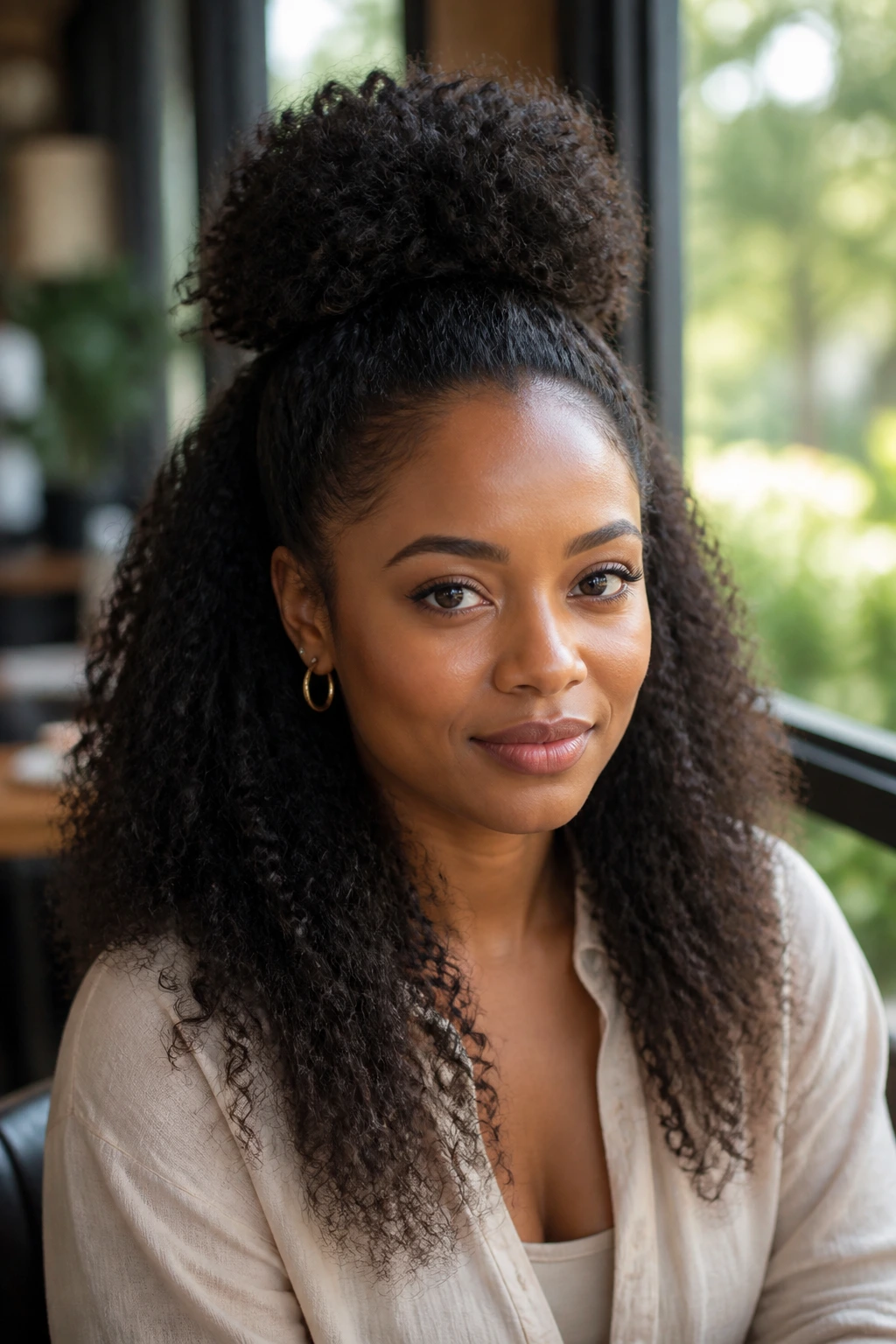 Close-up of half-up half-down puff hairstyle on thick natural hair