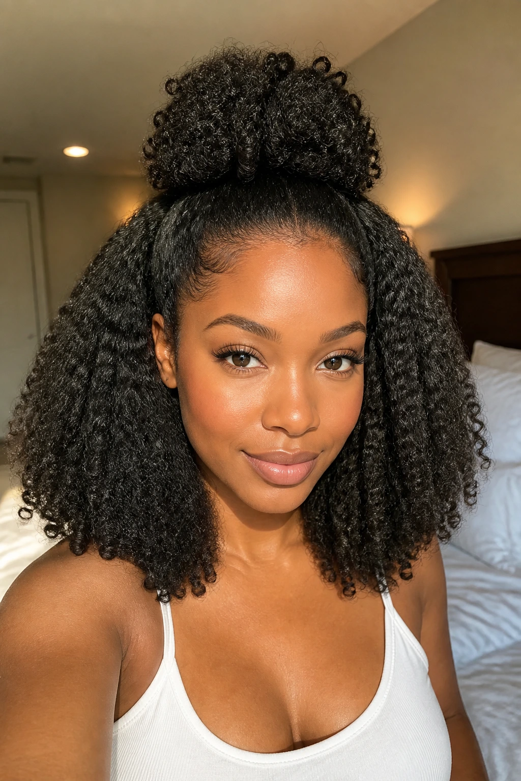 Close-up portrait of a real Black woman with half-up half-down hairstyle on stretched hair.