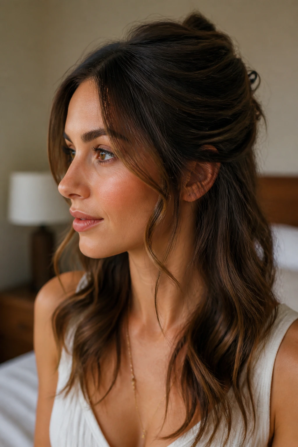Close-up of a woman with a half-up half-down hairstyle and loose tendrils.