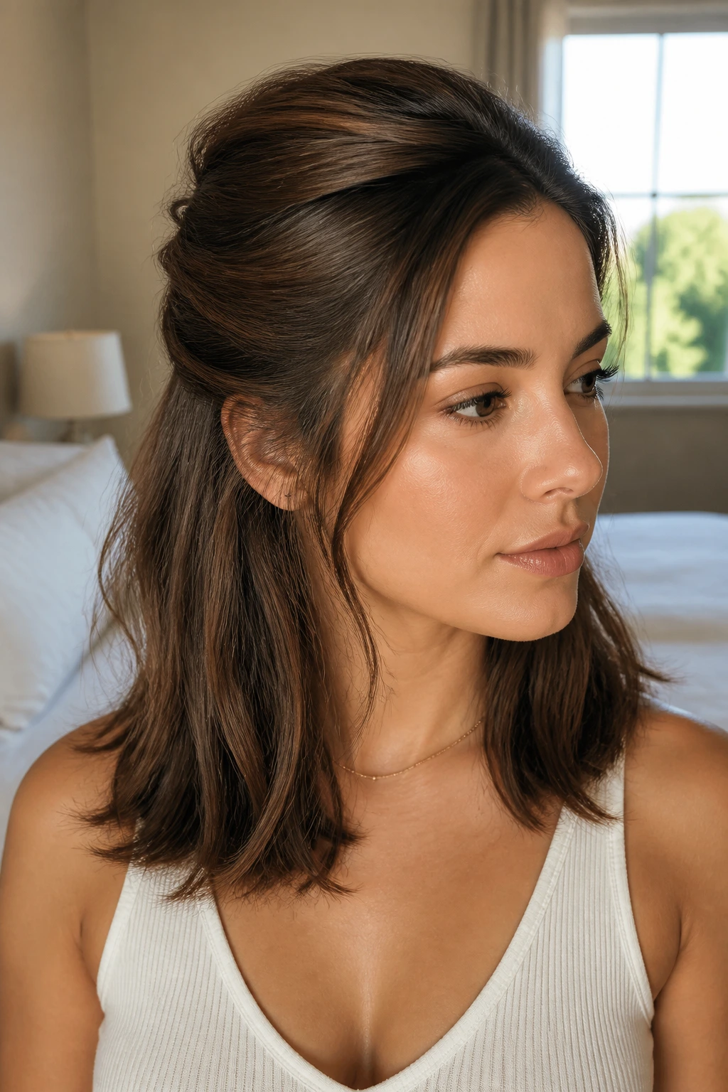 Portrait of a real woman with half-up half-down hairstyle