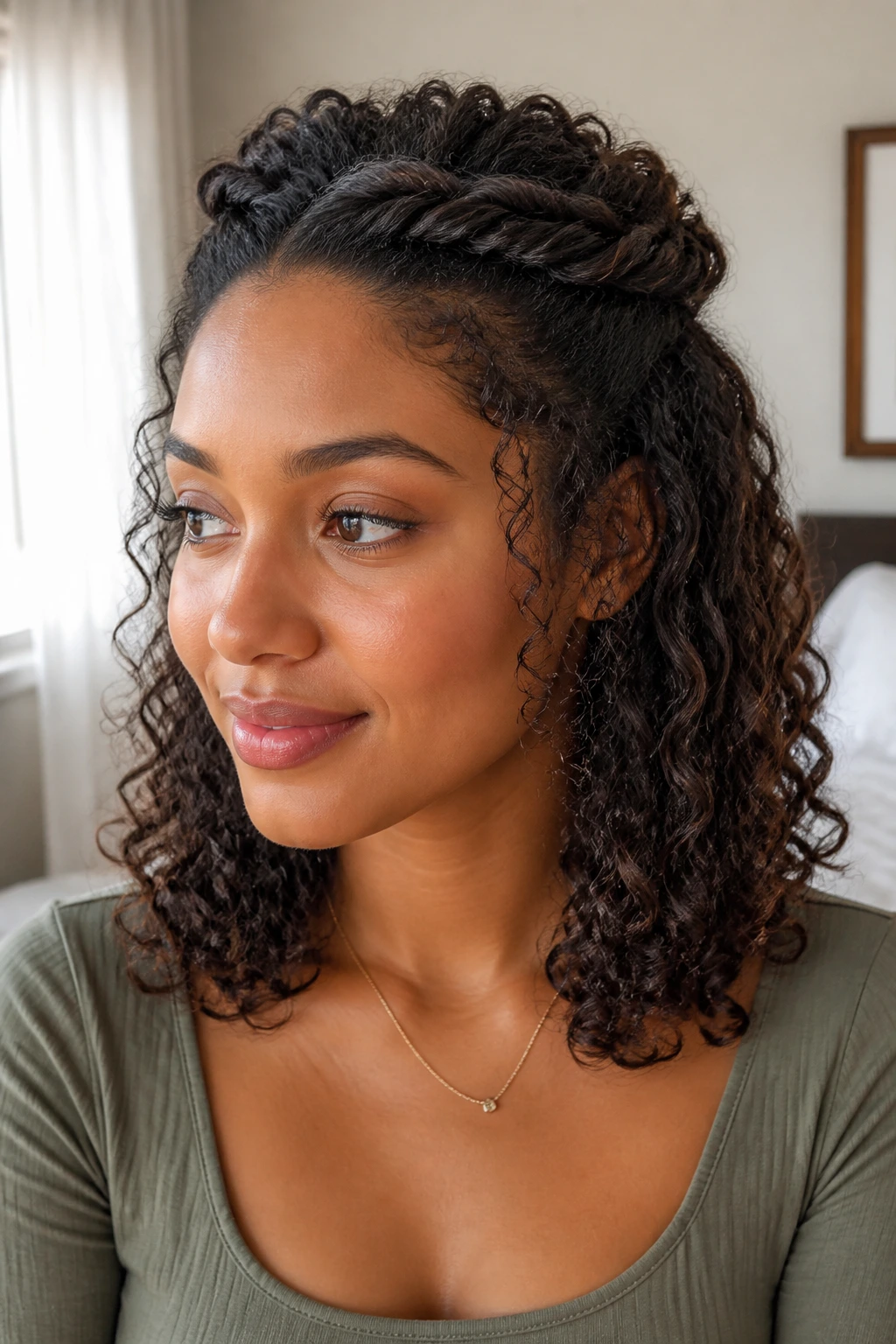 Real person with half-up, half-down twist crown hairstyle