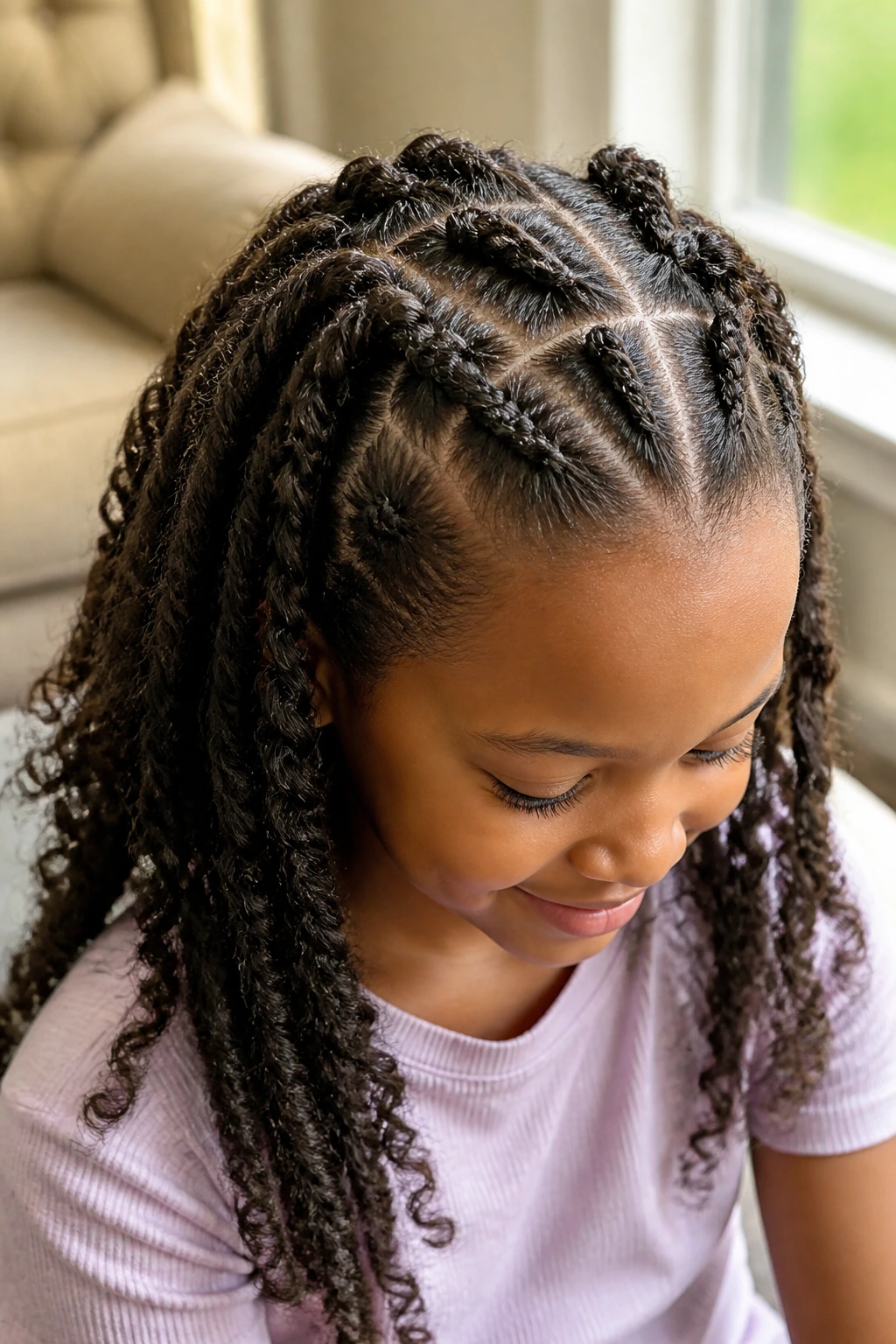 Close-up of a child with front-tied half-up half-down twists in a sunlit room.