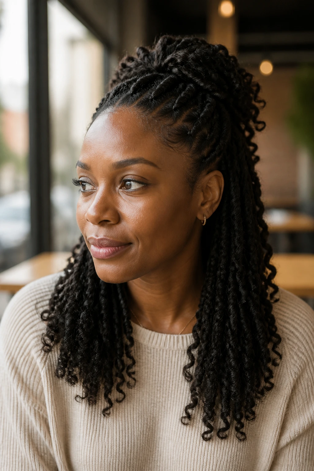 Portrait of a woman wearing half-up, half-down twists with a pinned top section