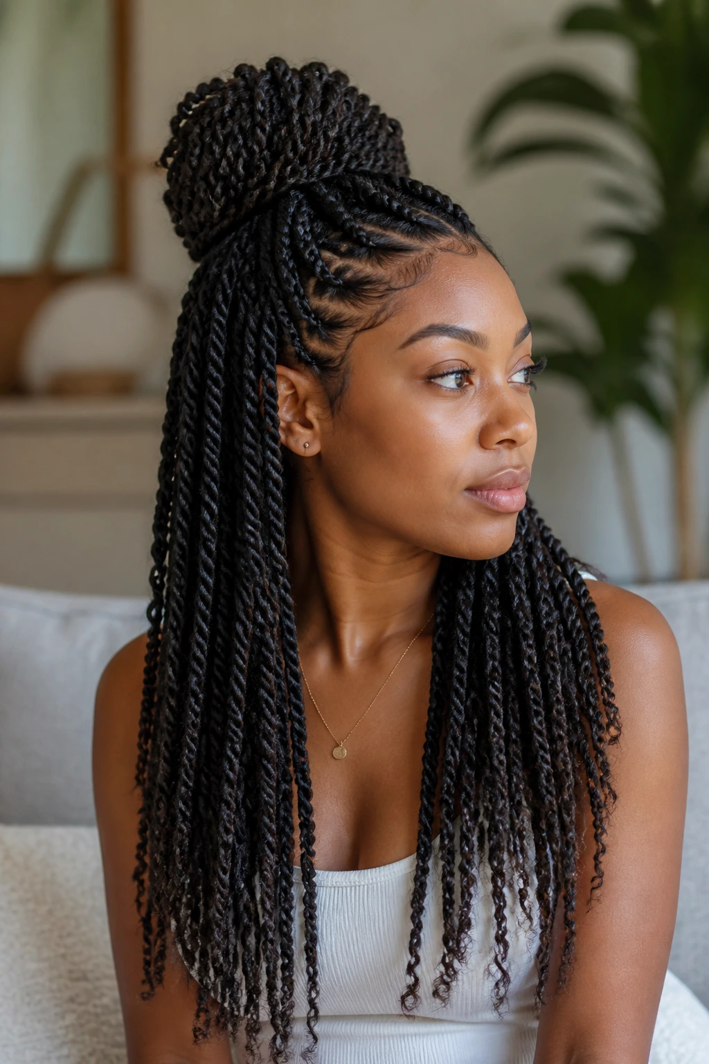 Real woman with half-up half-down twists showing length in a softly lit room