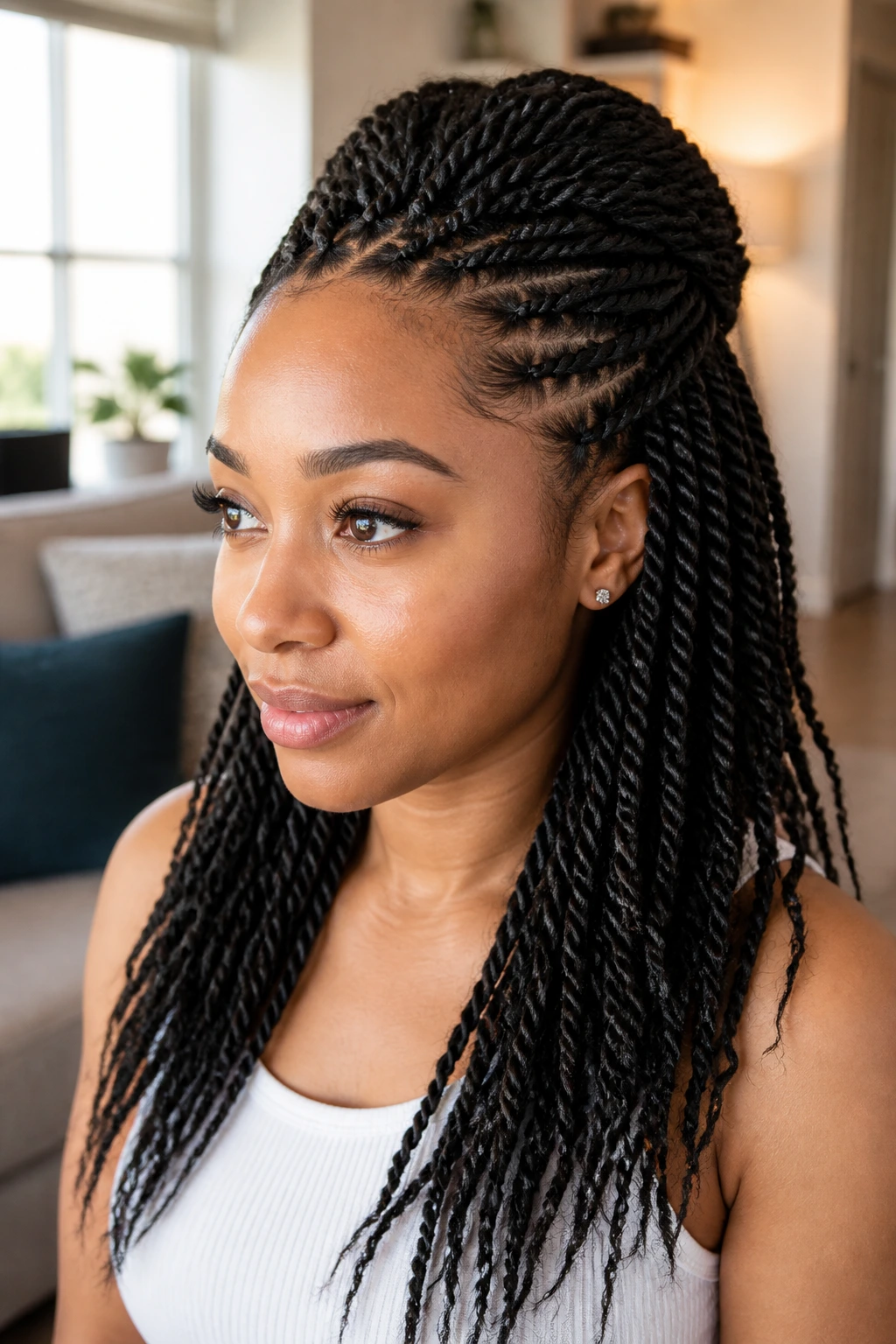 Close-up of a real woman with half-up, half-down Senegalese twists at crown