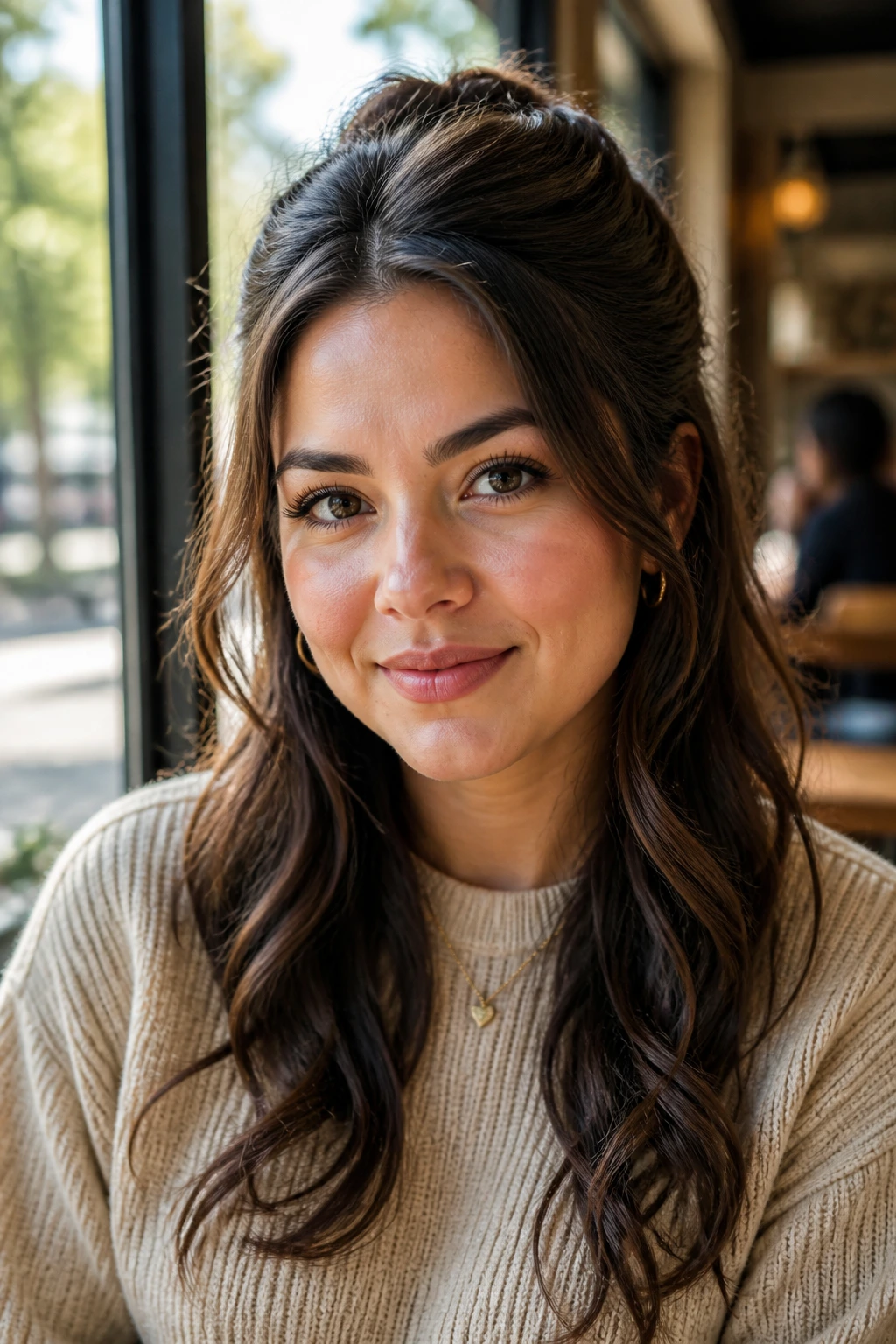 Close-up of real woman with half-up half-down hairstyle and crown volume in sunlit setting