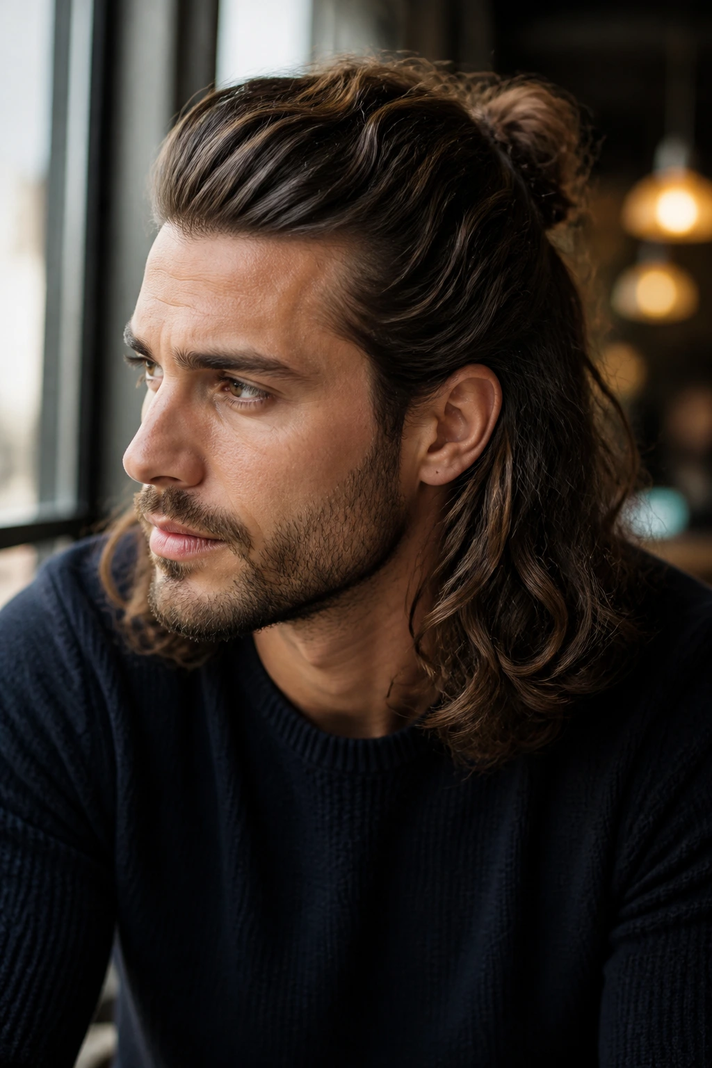 Man with half-up half-down wavy hairstyle