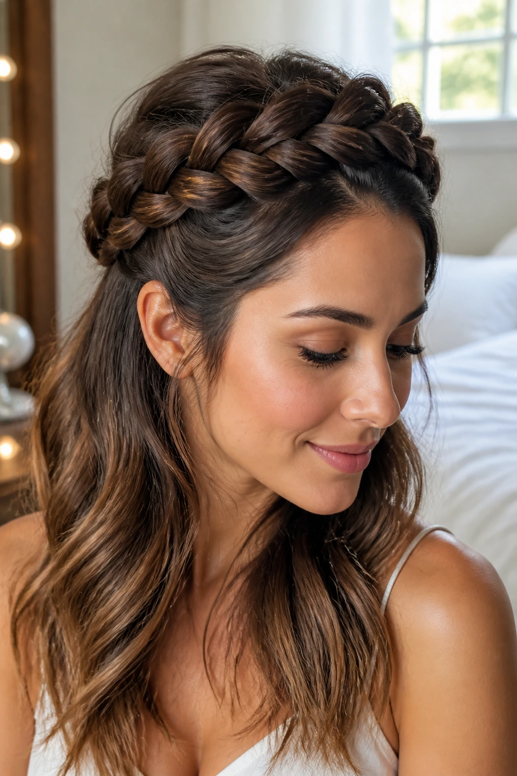 Close-up portrait of a woman with a half-up halo braid around the crown and loose hair below
