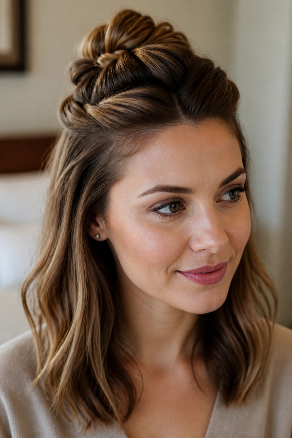 Close-up portrait of a real woman wearing a half-up halo knot