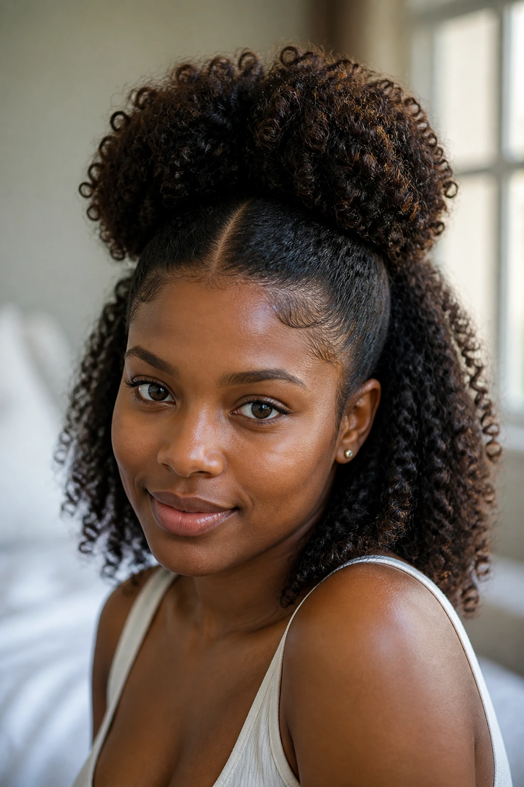 Close-up of a real woman with half-up halo puff and temple-part