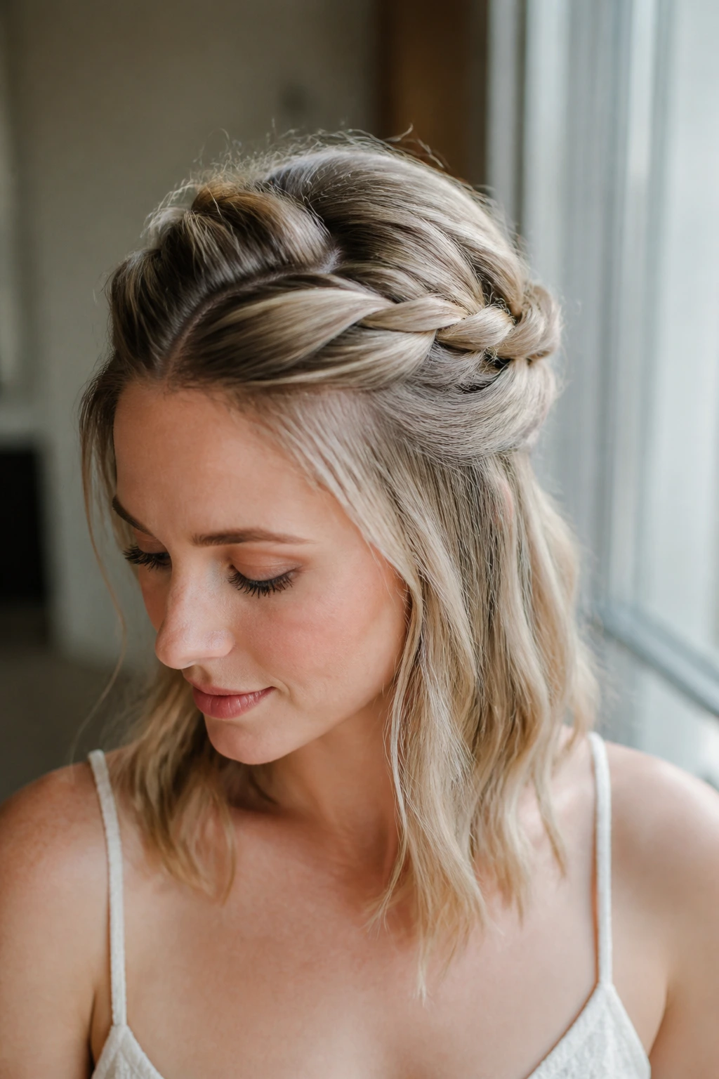 Portrait of a woman with half-up halo twist hairstyle