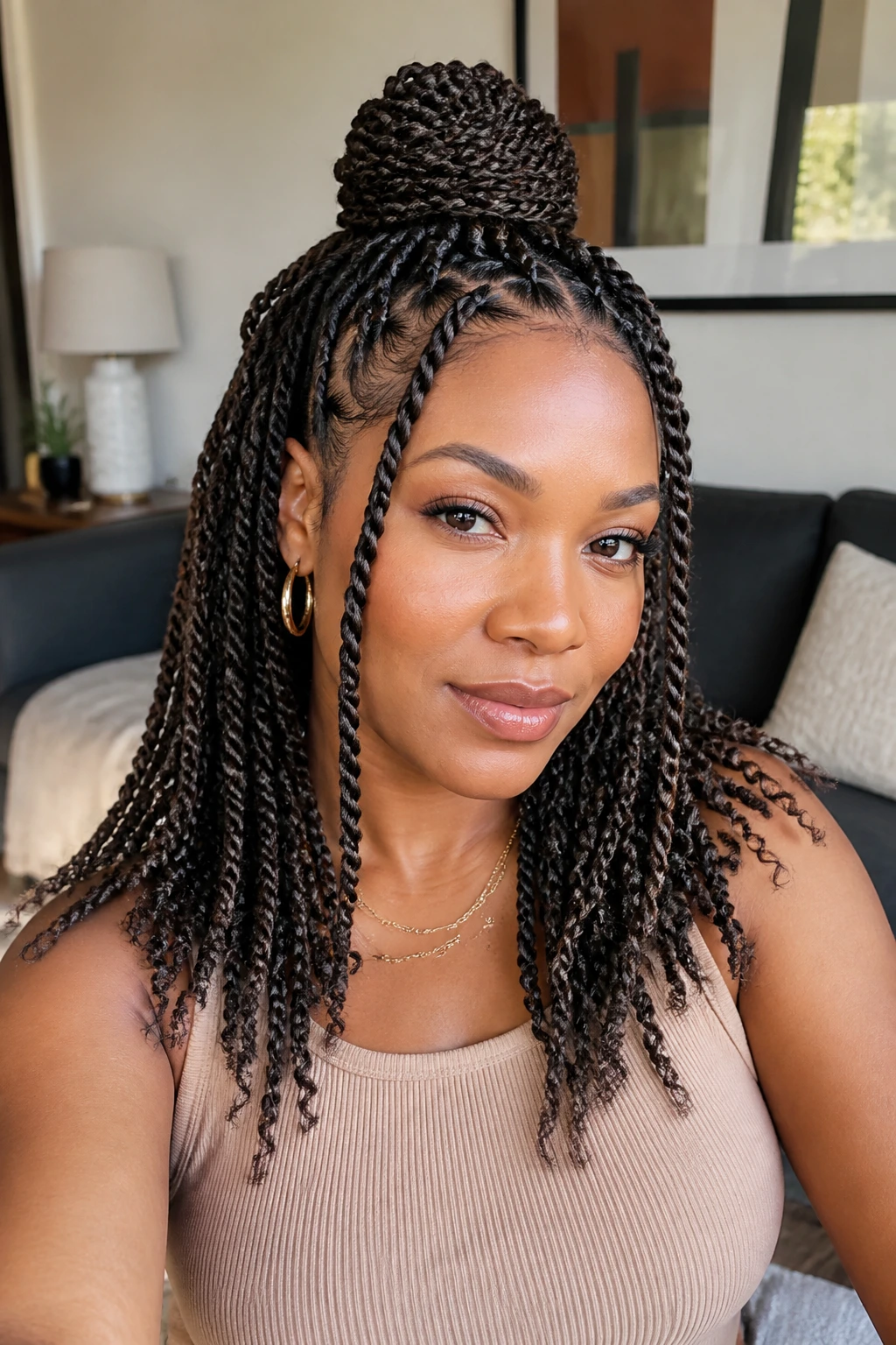 Real woman with half-up half-down Havana twists in a modern living room