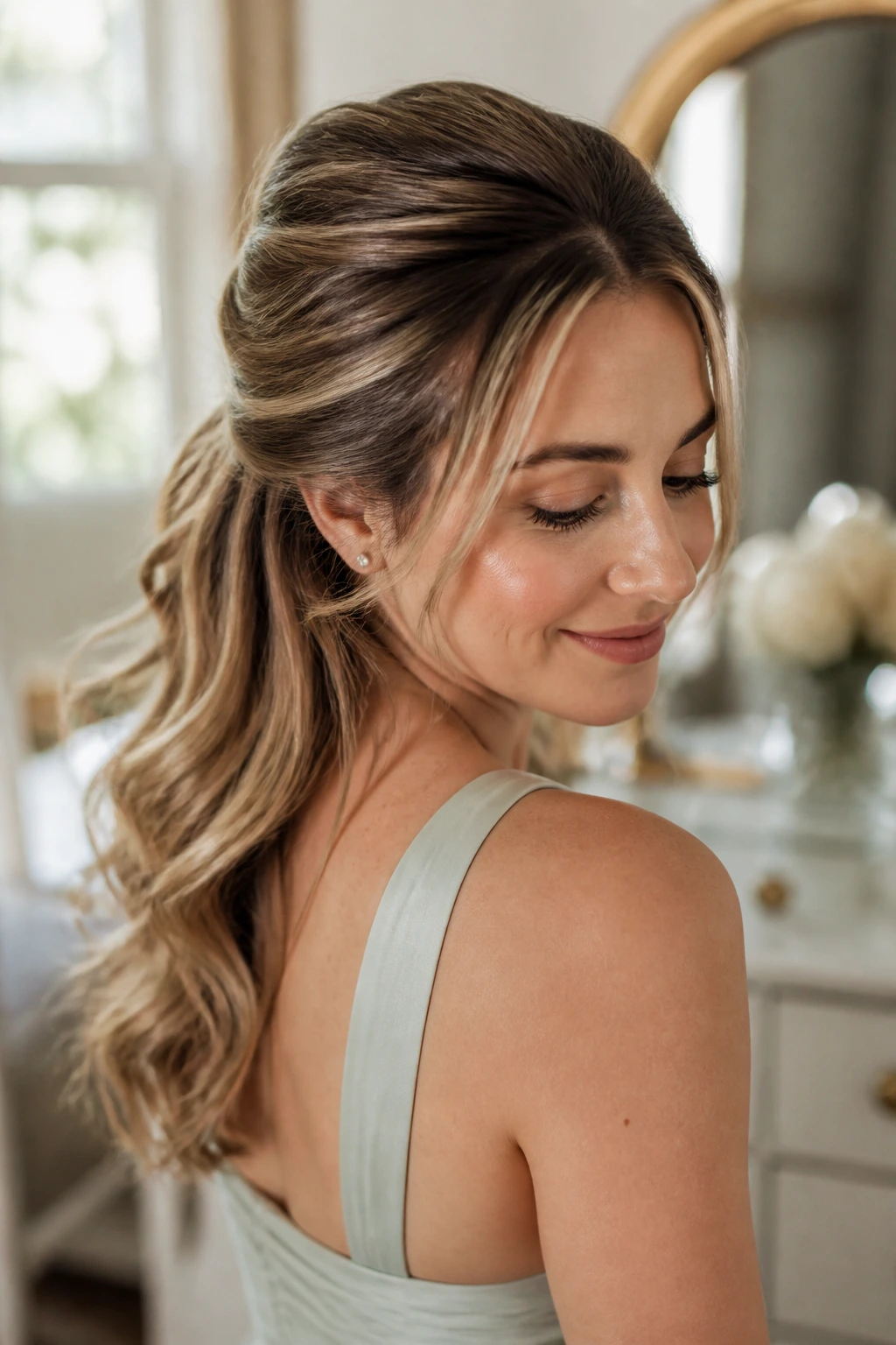 Close-up of a person with anchored crown in a half-up hairstyle illustrating its shape retention.