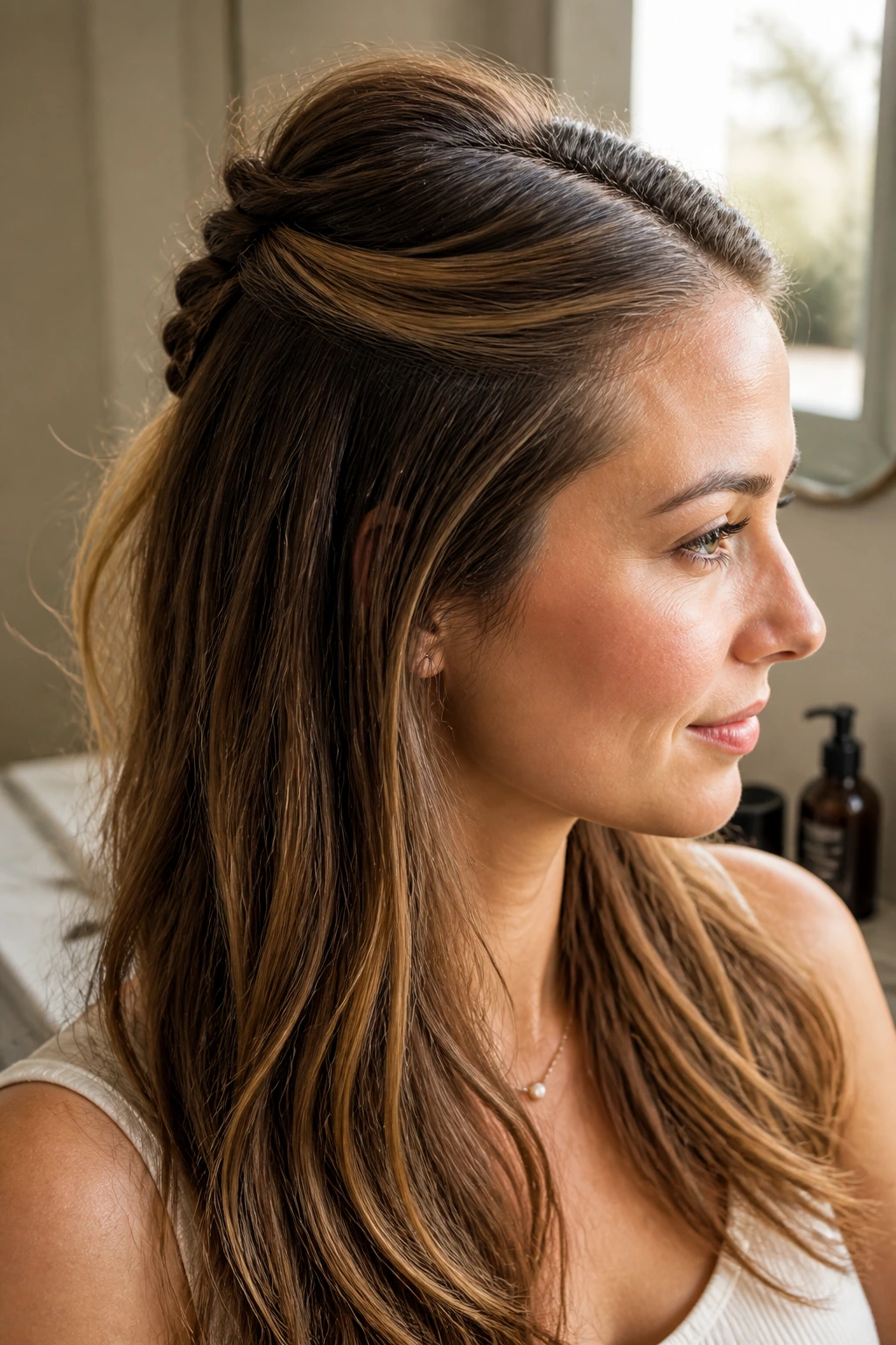 Real woman with a half-up hold showing crown line and secure pins.