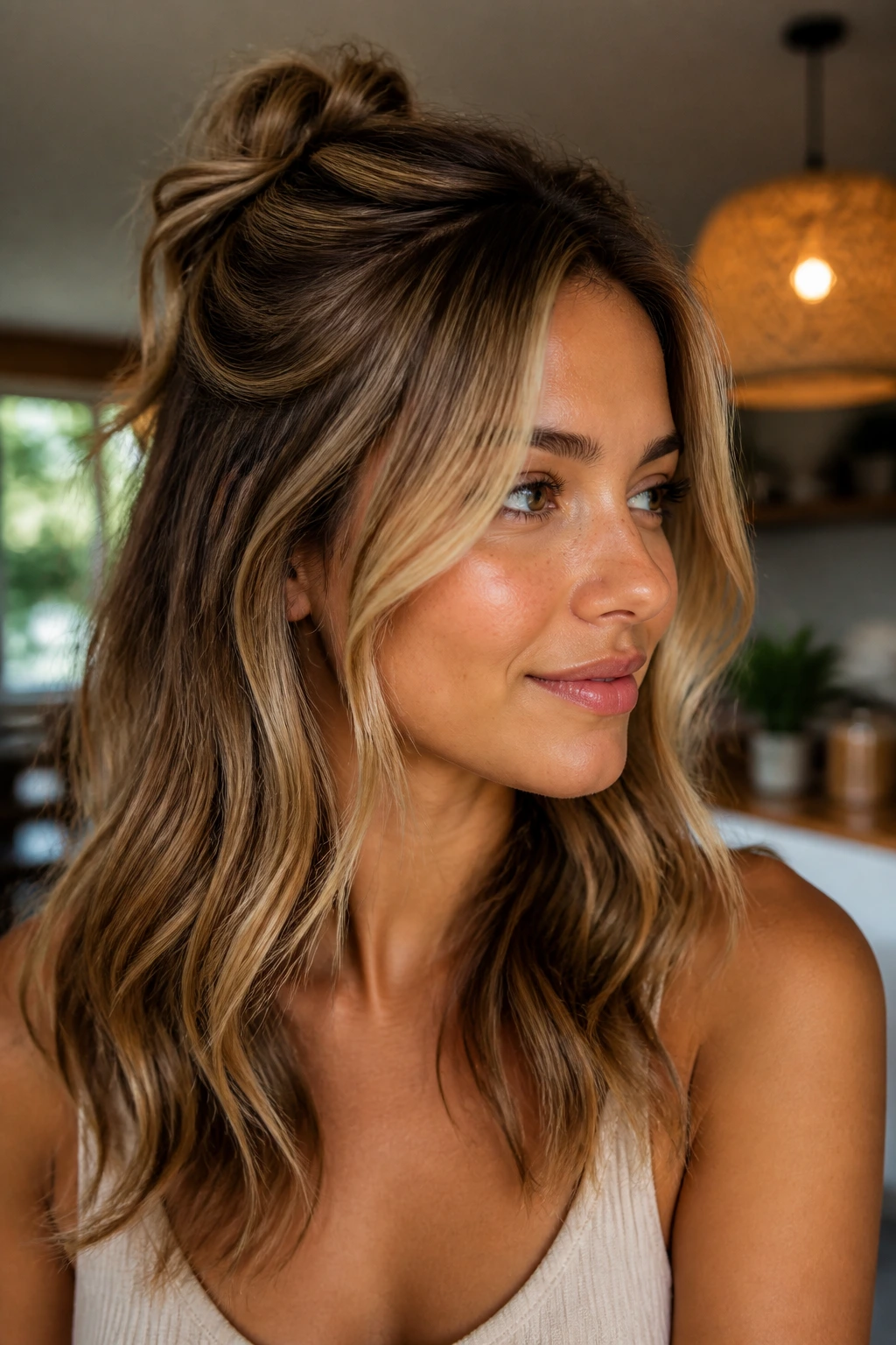 Close-up of half-up honey-dimension hairstyle on a real person