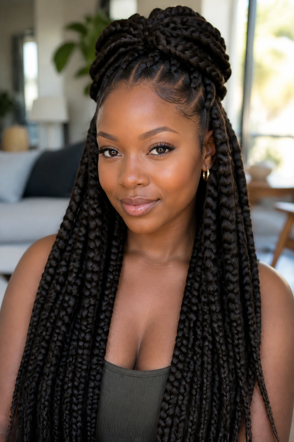 Close-up portrait of a woman with half-up half-down jumbo box braids