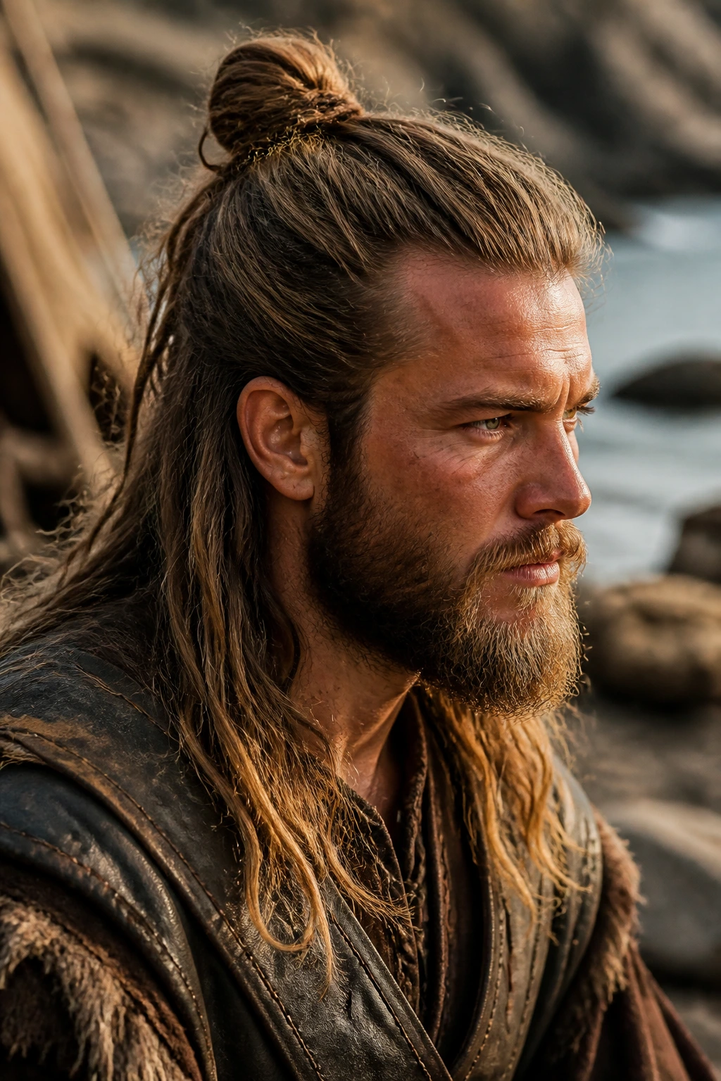 Man with half-up knot Viking hairstyle