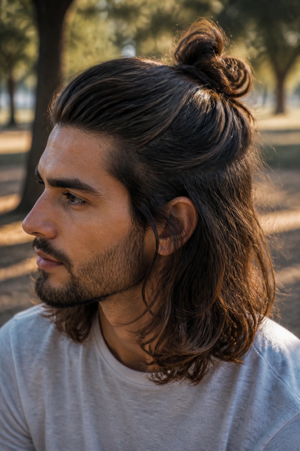 Man with half-up knot hairstyle outdoors in golden hour light