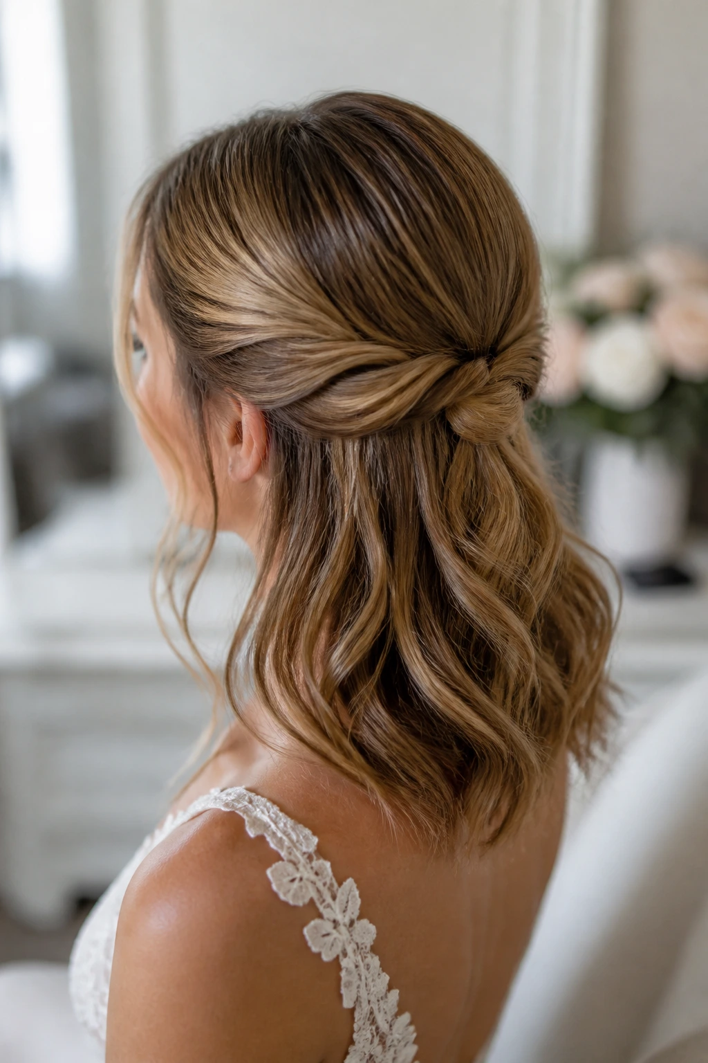 Bride with twisted half-up knot hairstyle shown in three-quarter view