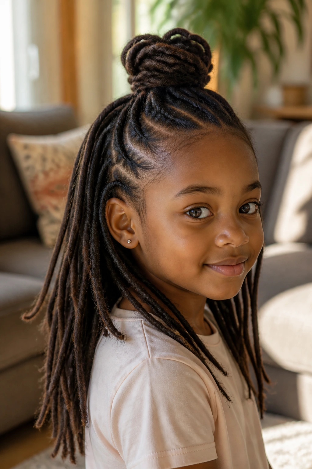 Close-up of a child with half-up knot bun hairstyle