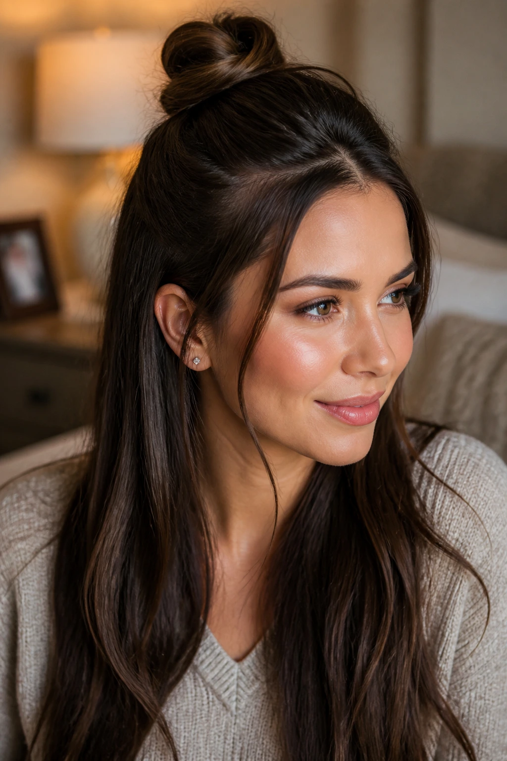 Portrait of a woman showing a half-up knot at the crown with long hair flowing