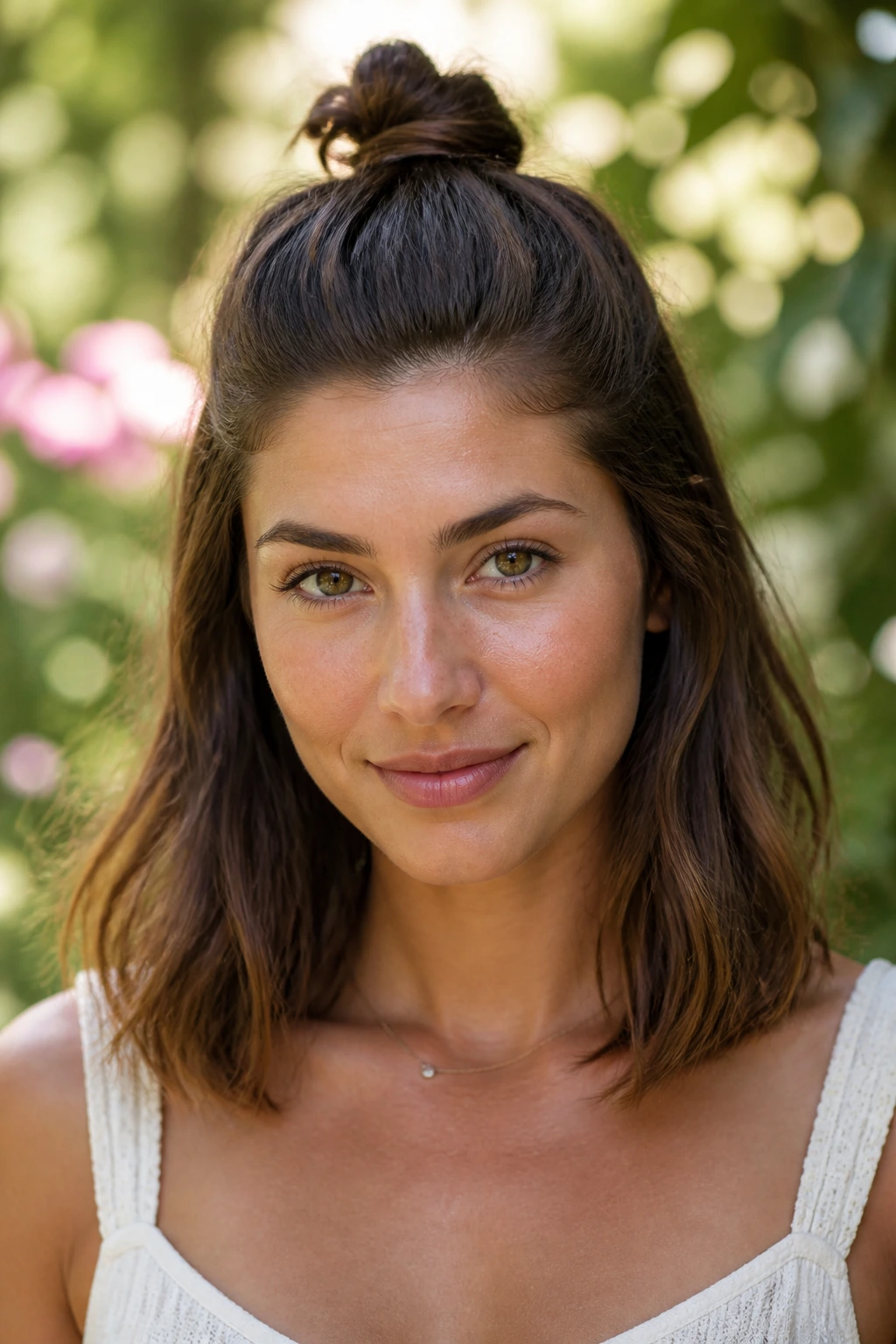 Close-up of woman with half-up crown knot hairstyle