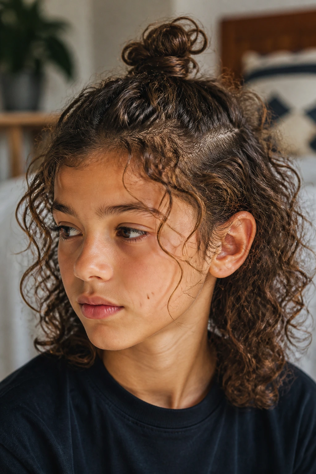 Boy with a half-up knot and loose ends.
