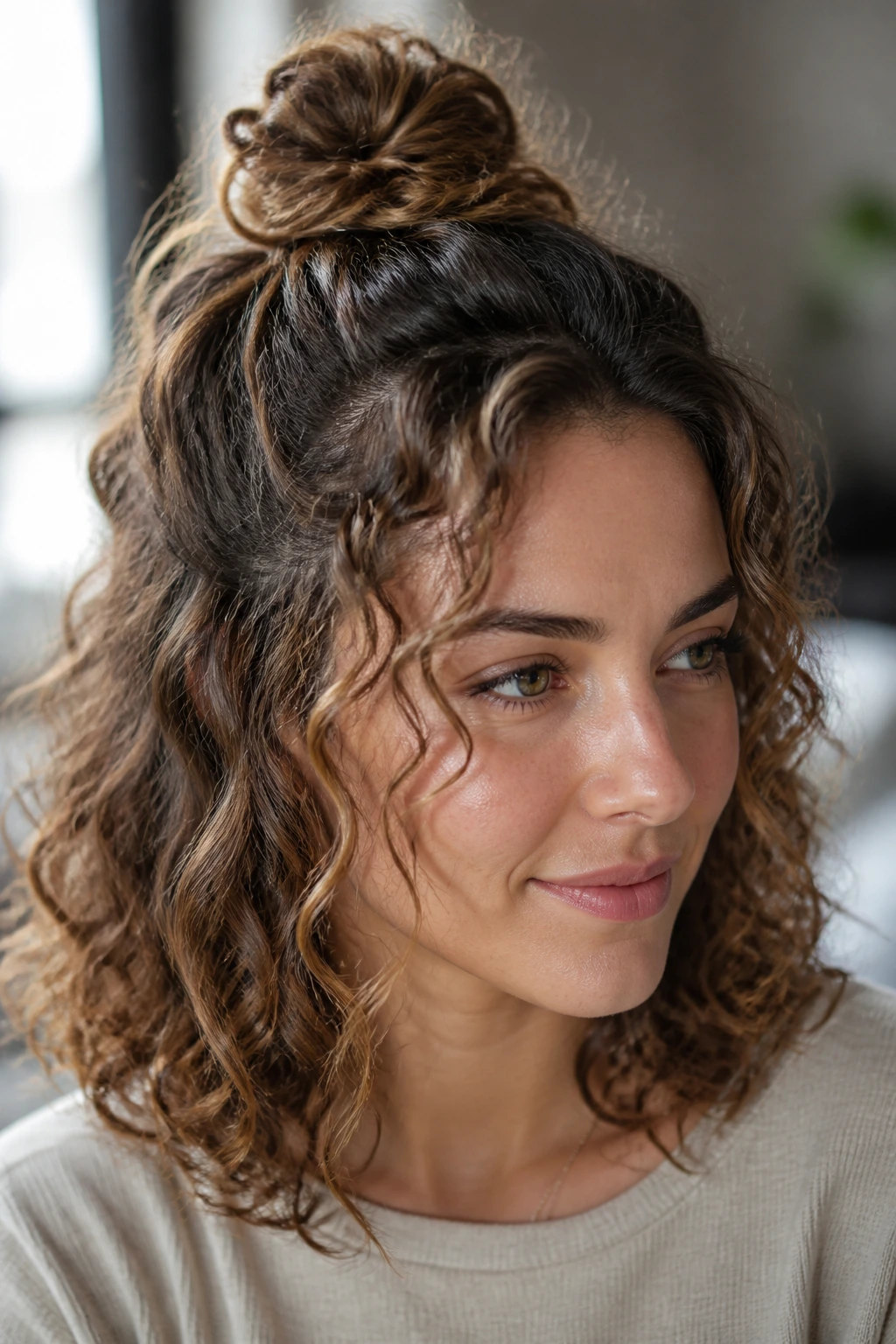 Close-up of a real woman with a face-framing half-up knot hairstyle.